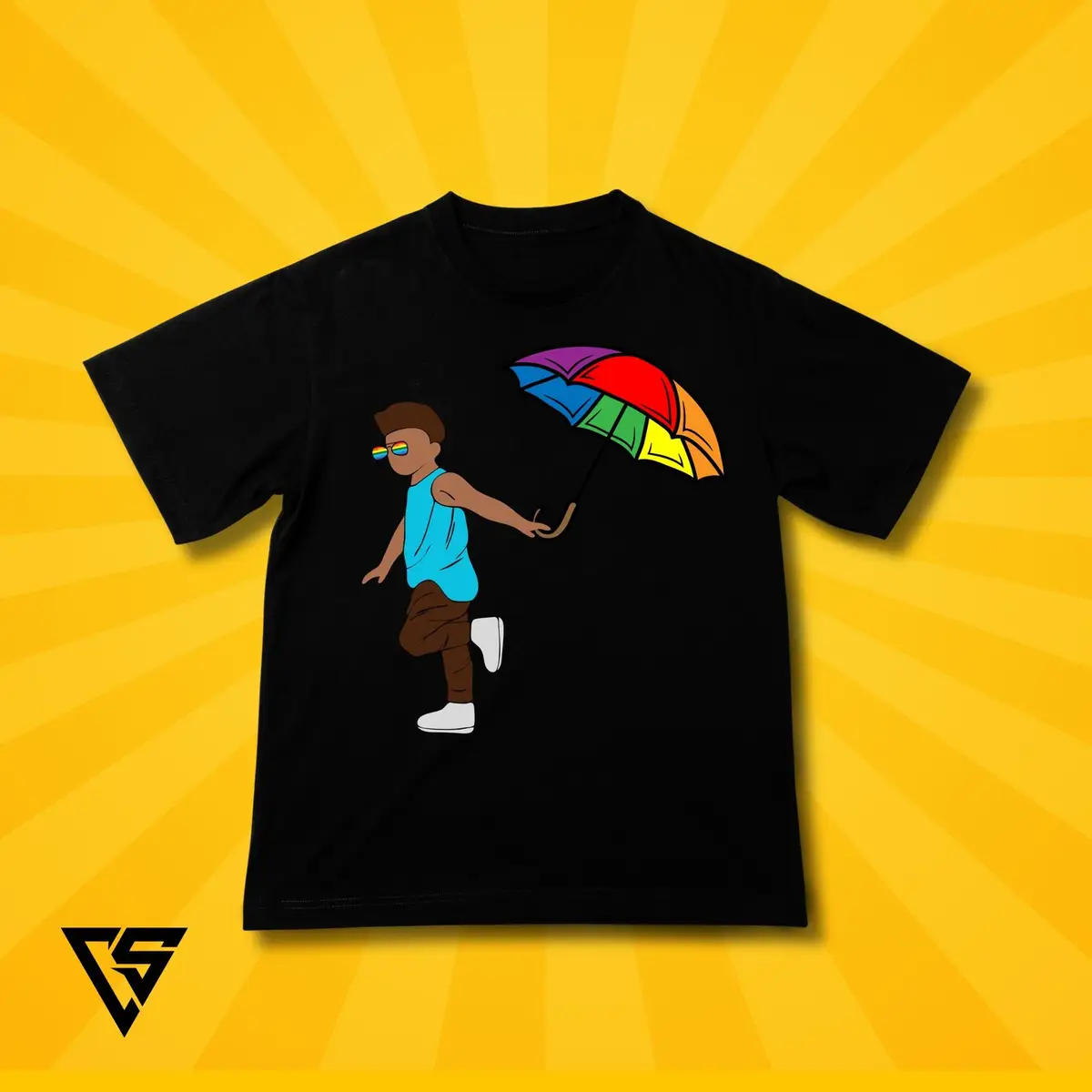 White Graphic T-Shirt with Rainbow Umbrella Character