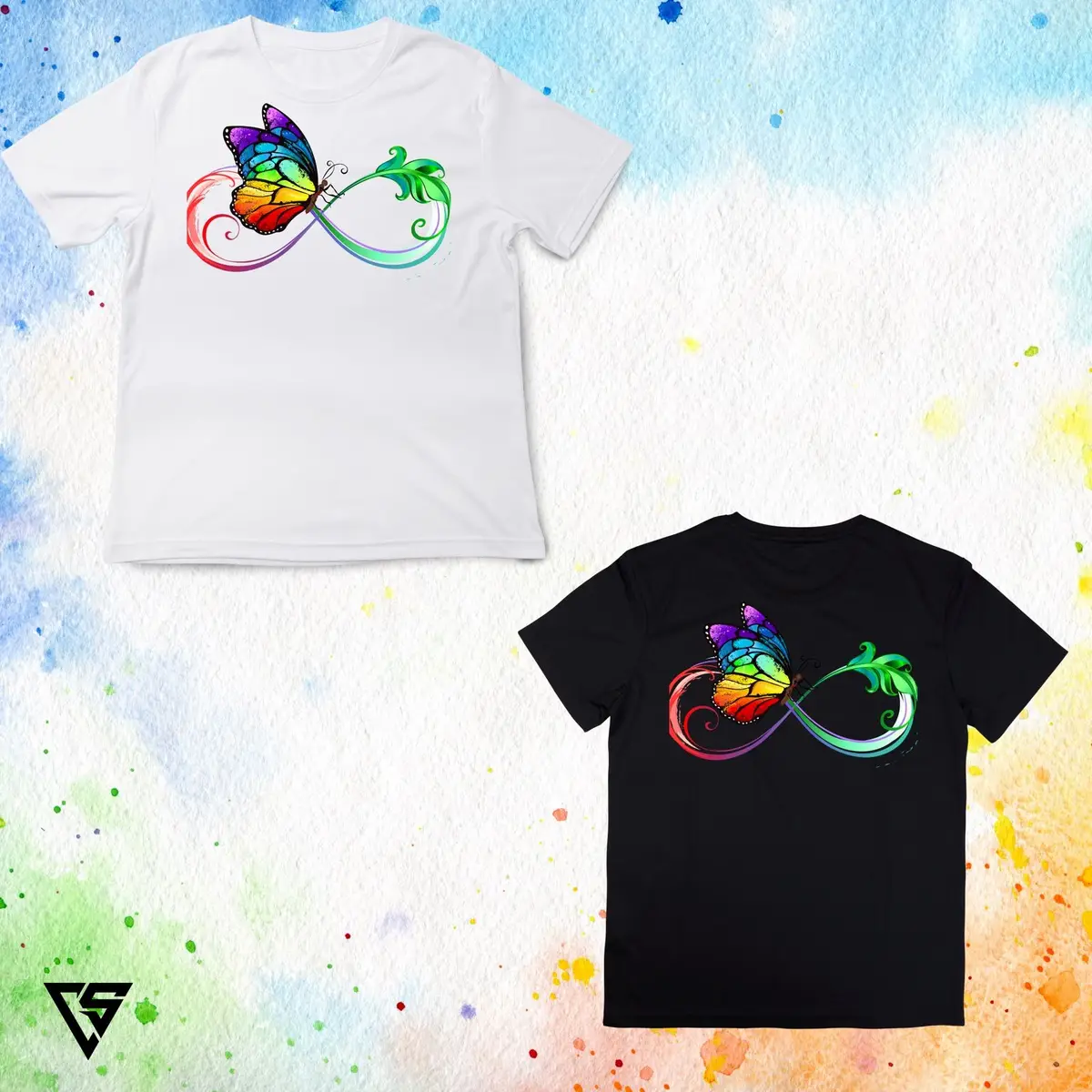 White T-Shirt with Rainbow Butterfly Infinity Graphic