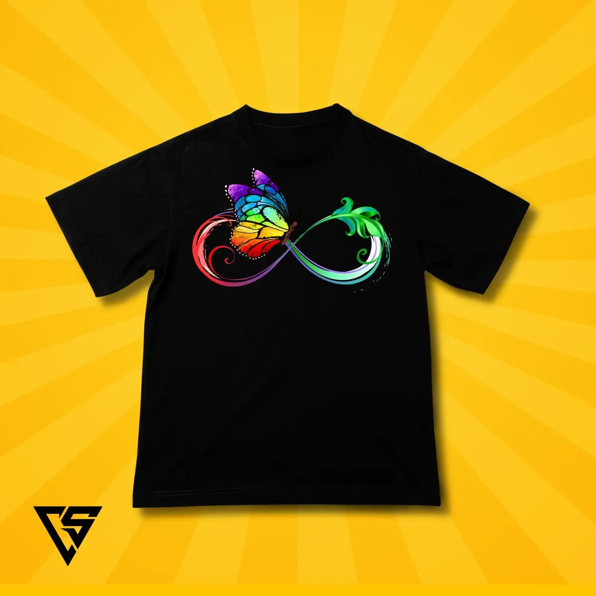 White T-Shirt with Rainbow Butterfly Infinity Graphic