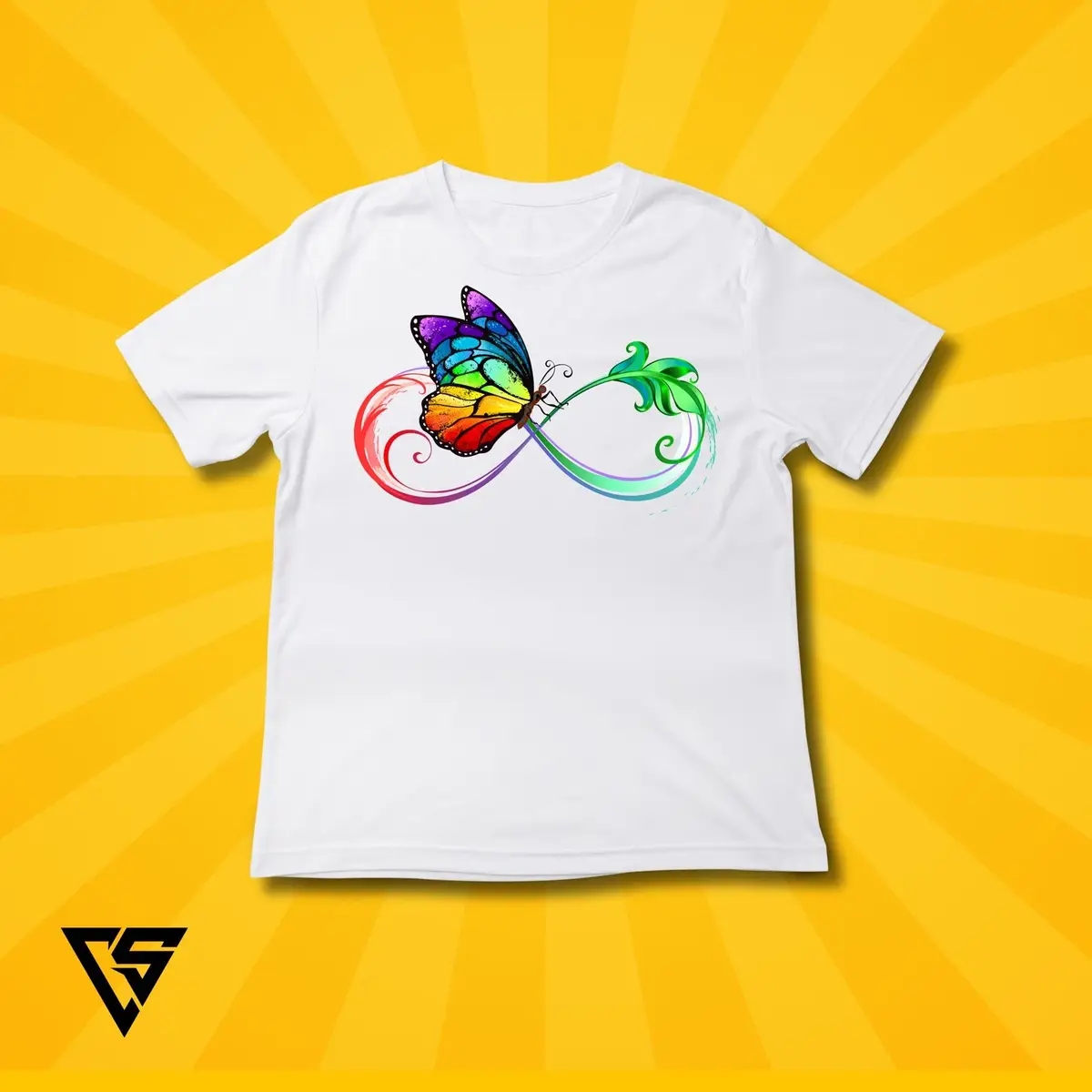 White T-Shirt with Rainbow Butterfly Infinity Graphic