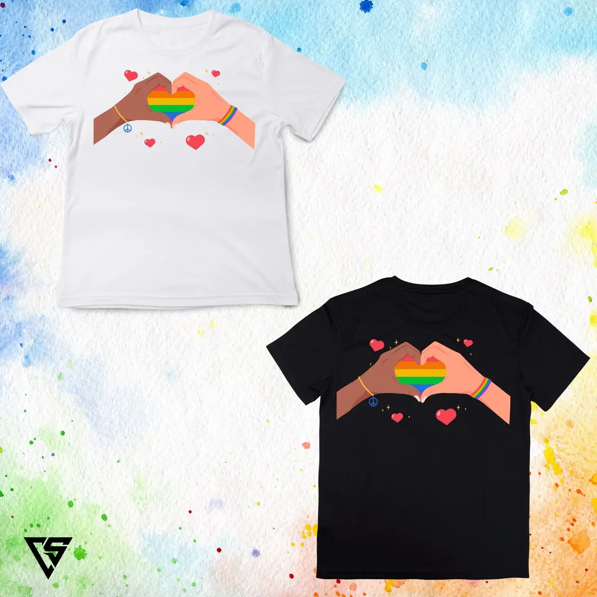 White Graphic T-Shirt Rainbow Heart Hands