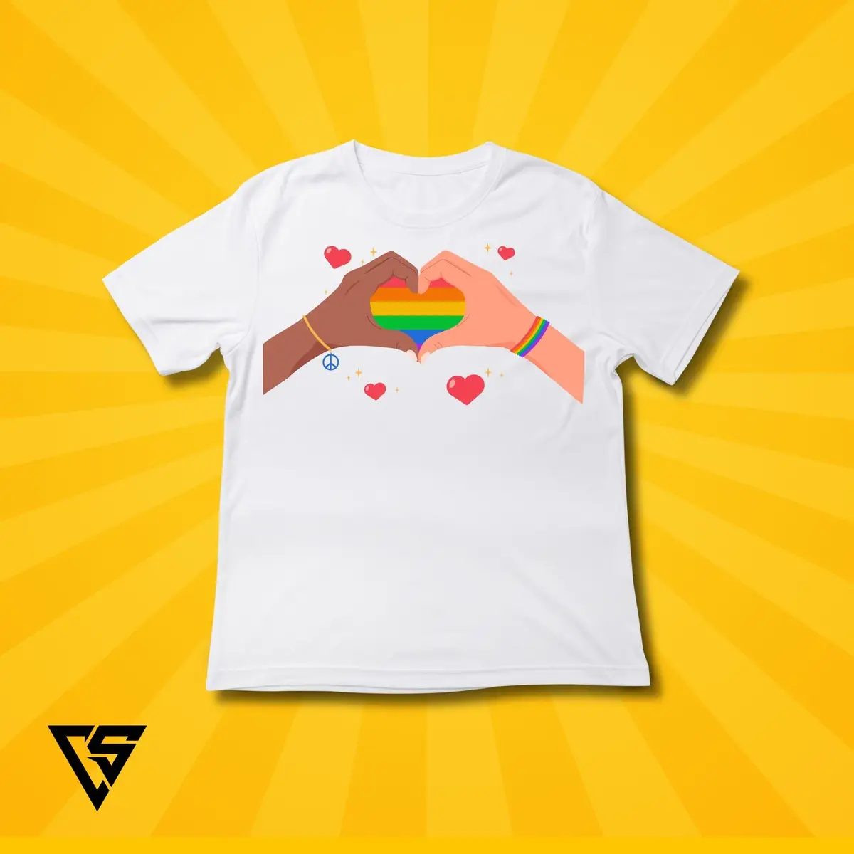 White Graphic T-Shirt Rainbow Heart Hands