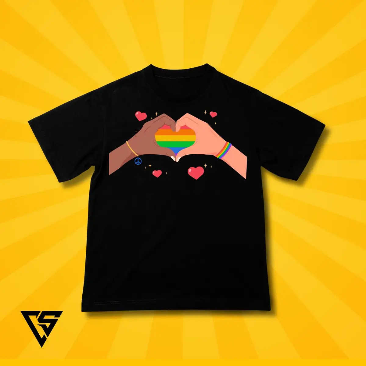 White Graphic T-Shirt Rainbow Heart Hands