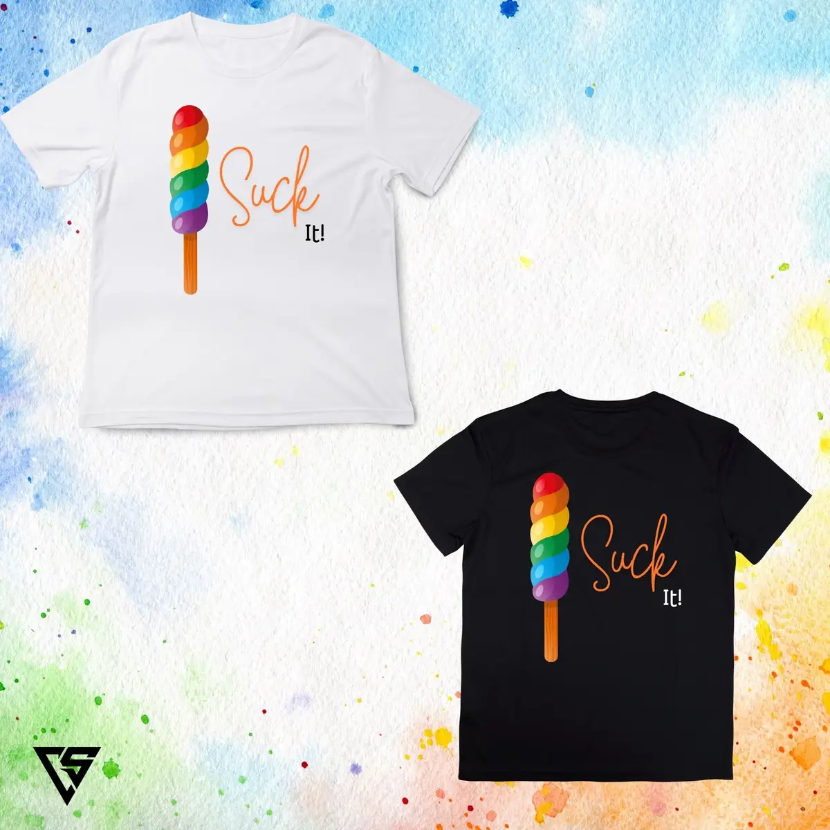 White T-Shirt with Rainbow Ice Pop Graphic