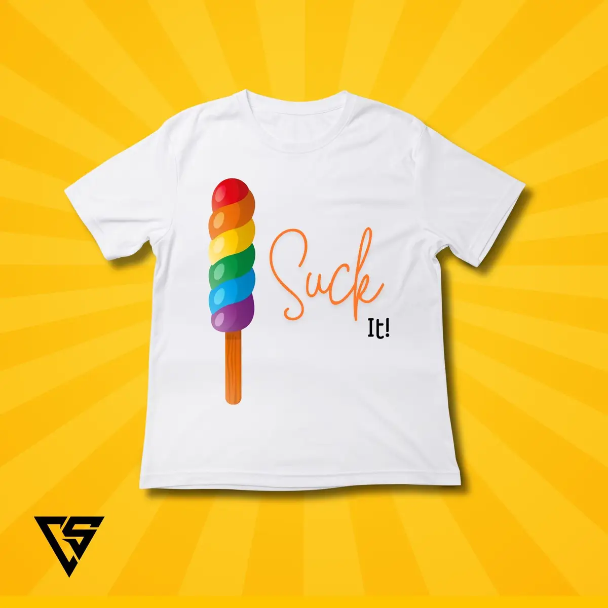 White T-Shirt with Rainbow Ice Pop Graphic