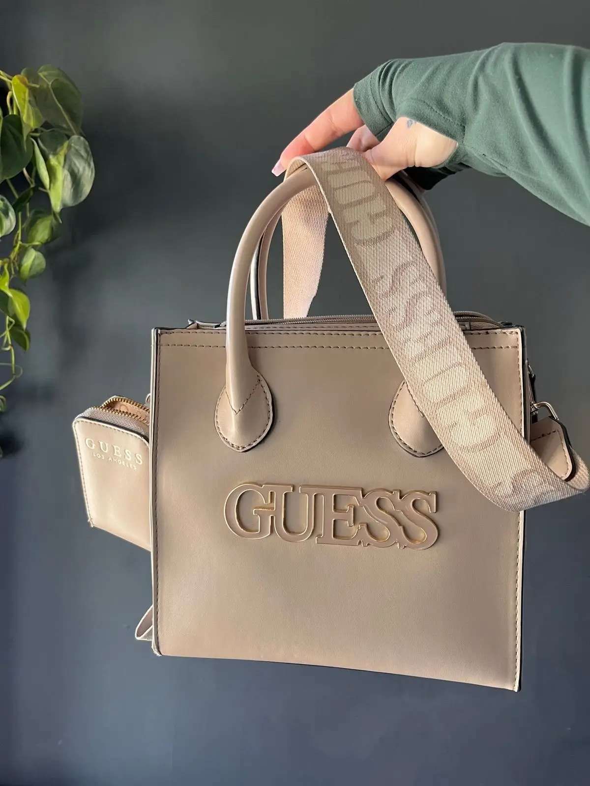 Guess Beige Handbag with Webbing Strap and Pouch