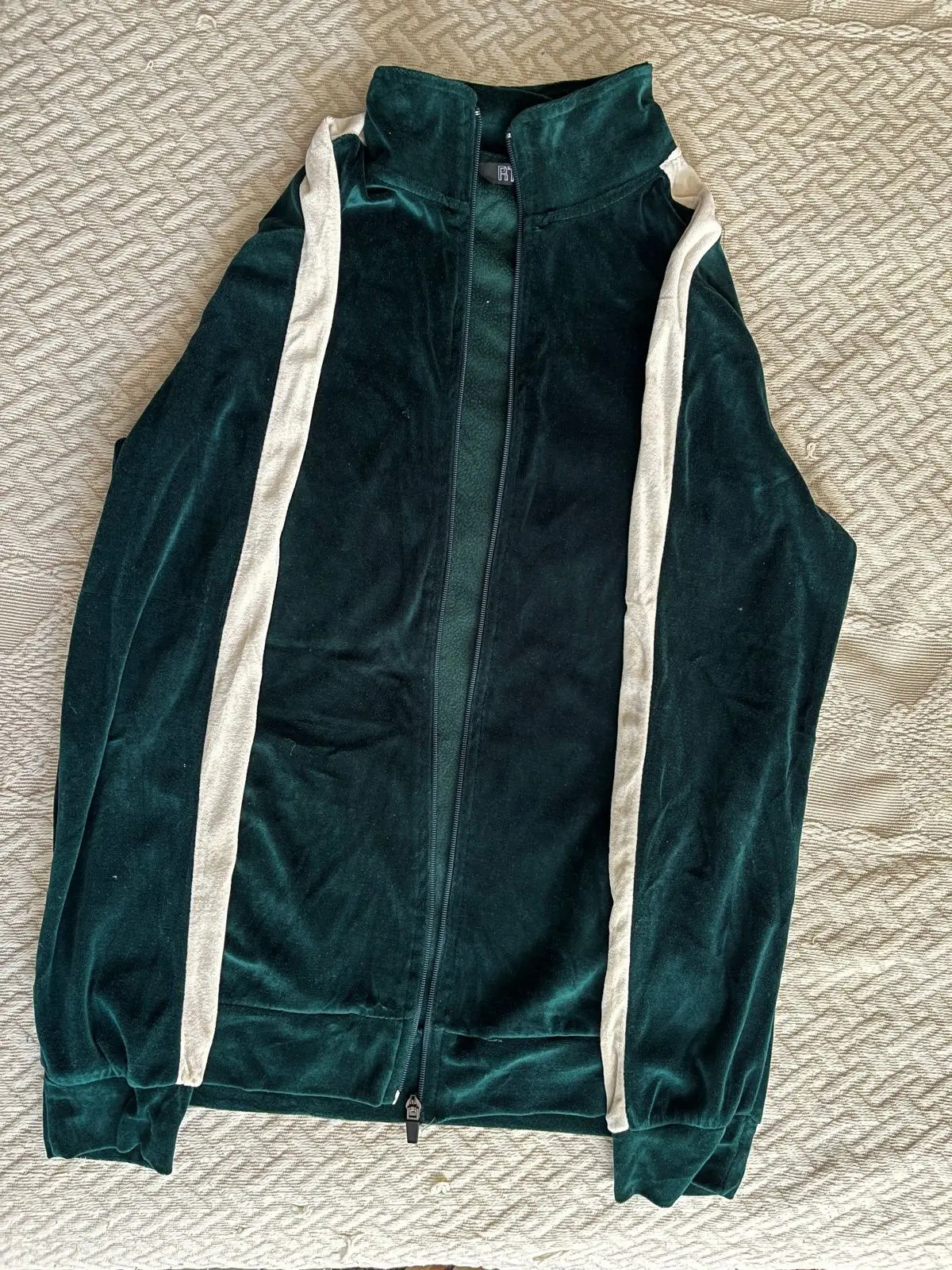 Ackermans Green Velour Track Jacket with Cream Stripes