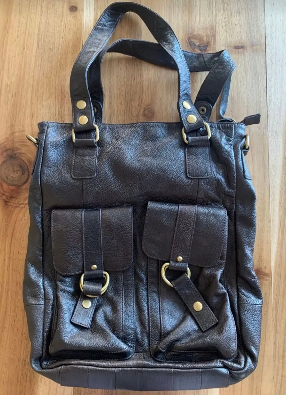 Dark Brown Leather Tote Bag with Front Pockets