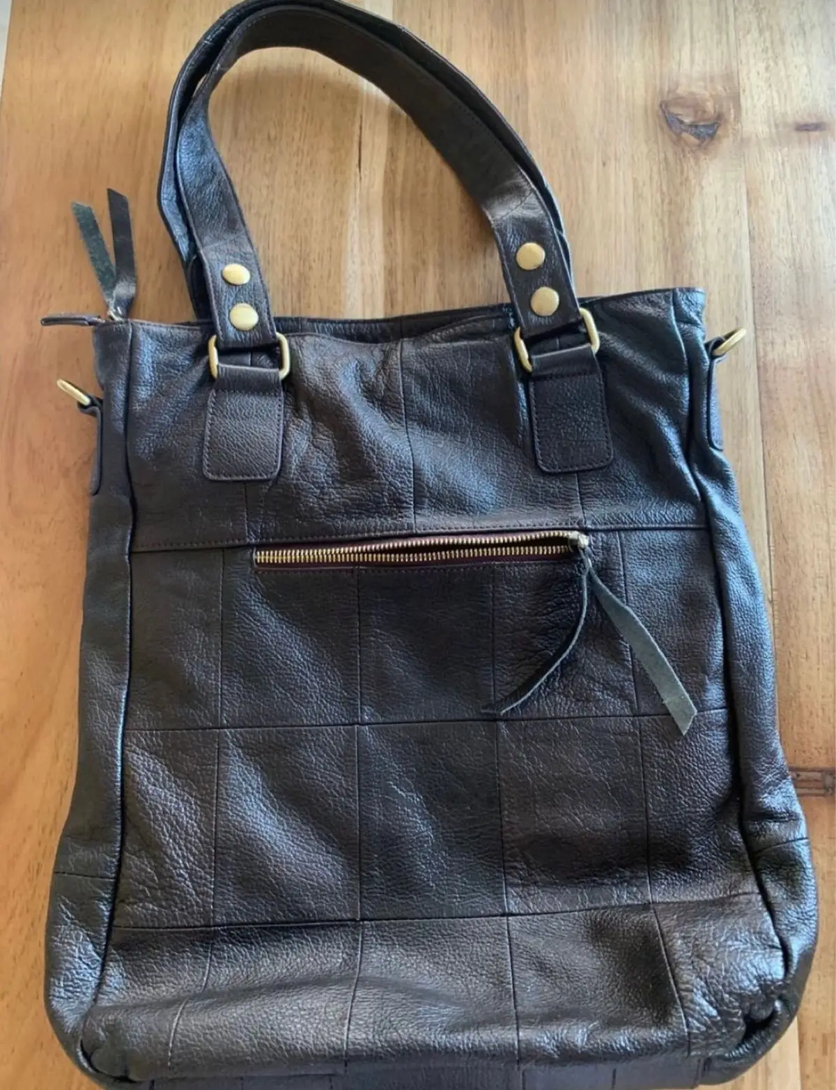 Dark Brown Leather Tote Bag with Front Pockets