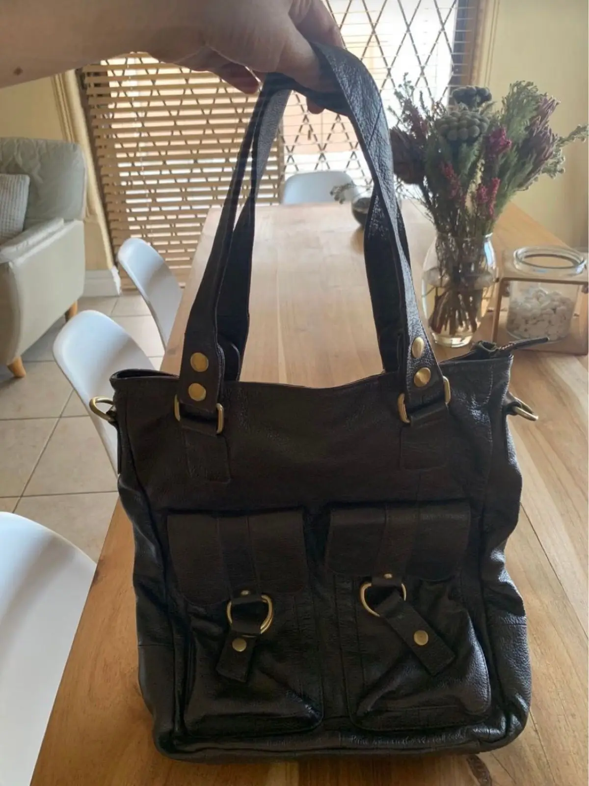 Dark Brown Leather Tote Bag with Front Pockets