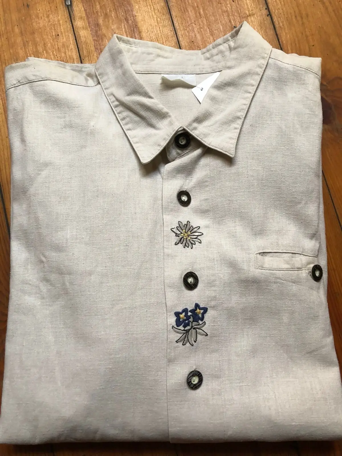 Beige Button-Up Shirt with Floral Embroidery