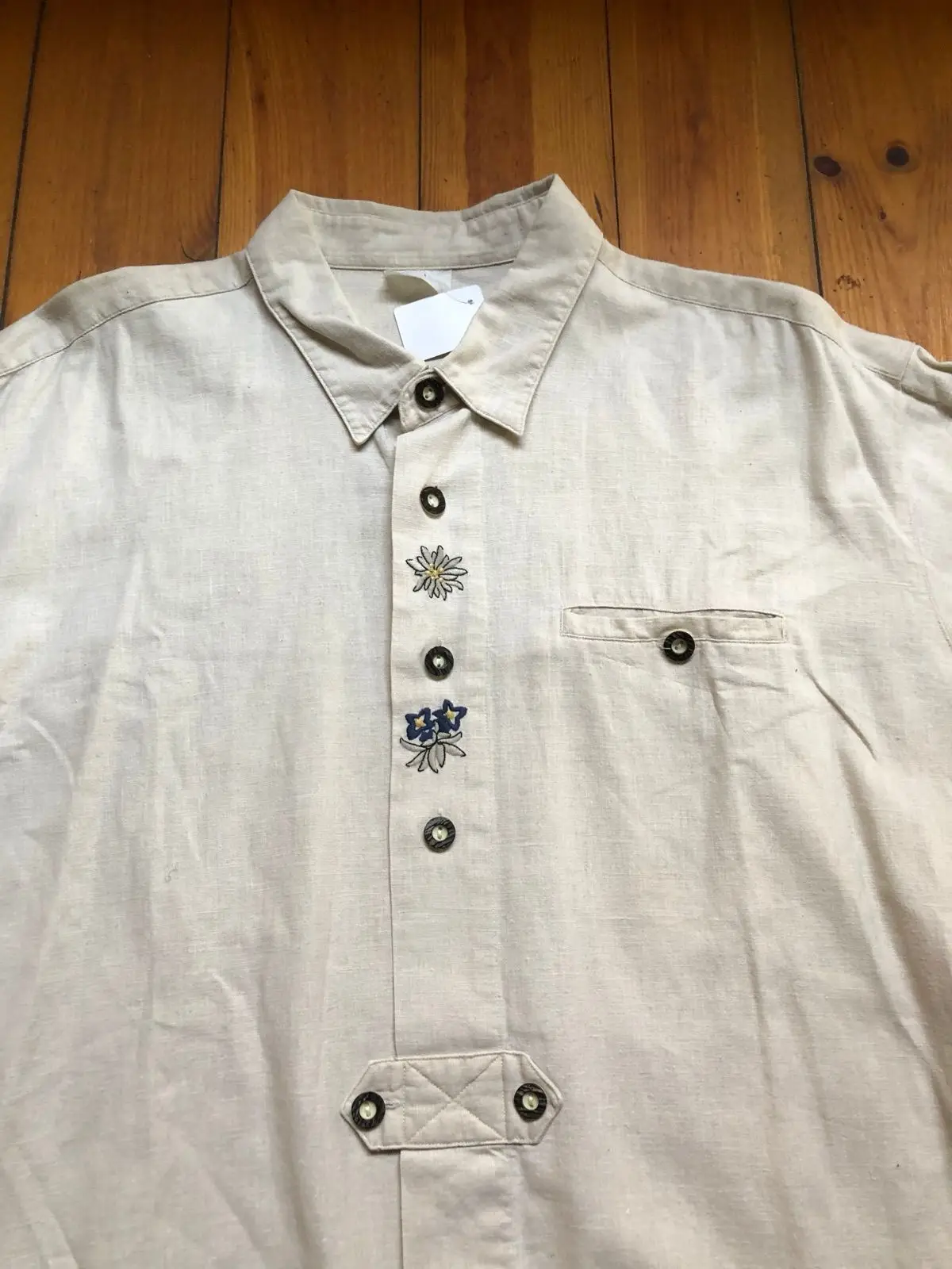 Beige Button-Up Shirt with Floral Embroidery