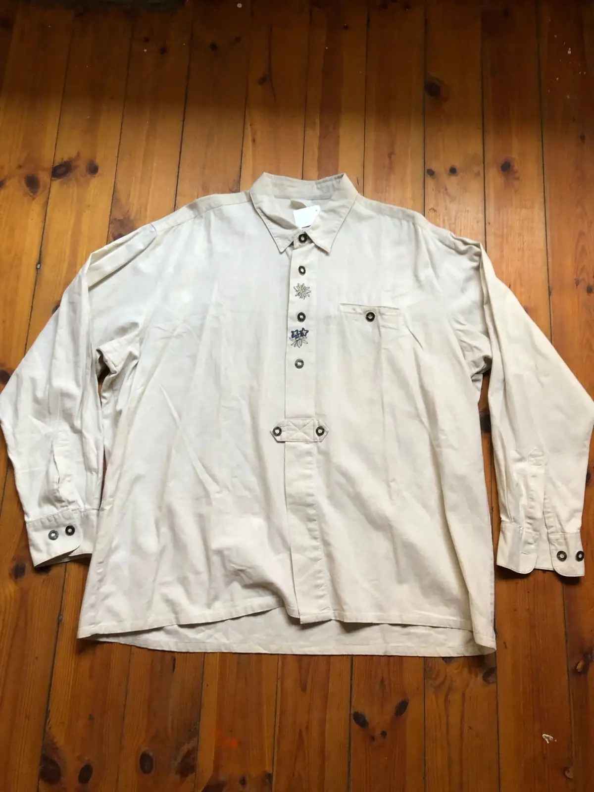 Beige Button-Up Shirt with Floral Embroidery