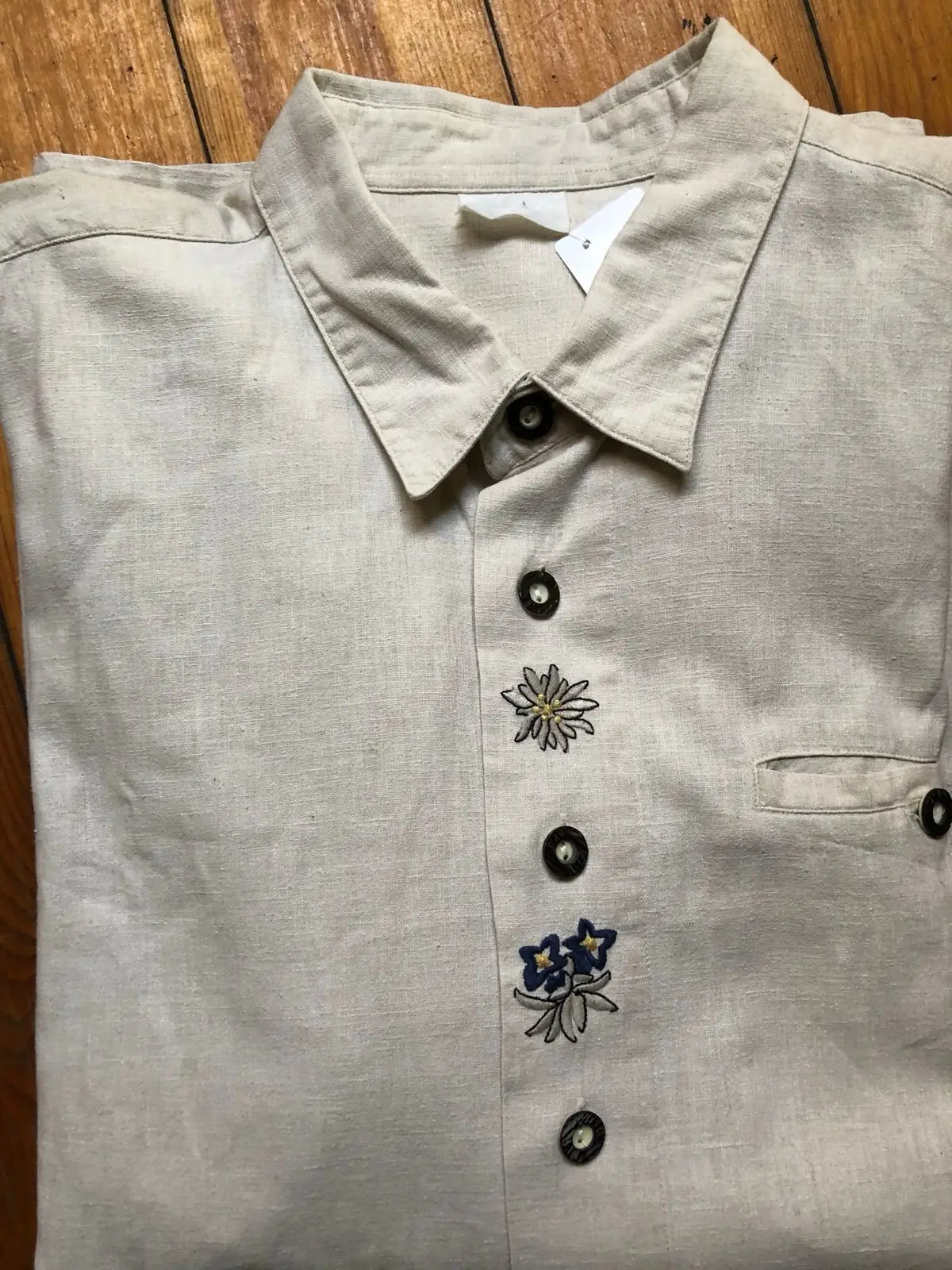 Beige Button-Up Shirt with Floral Embroidery