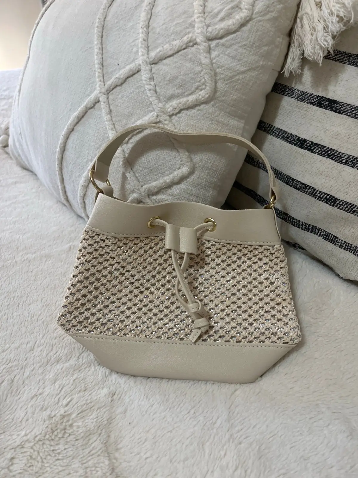 Cream Woven Bucket Bag