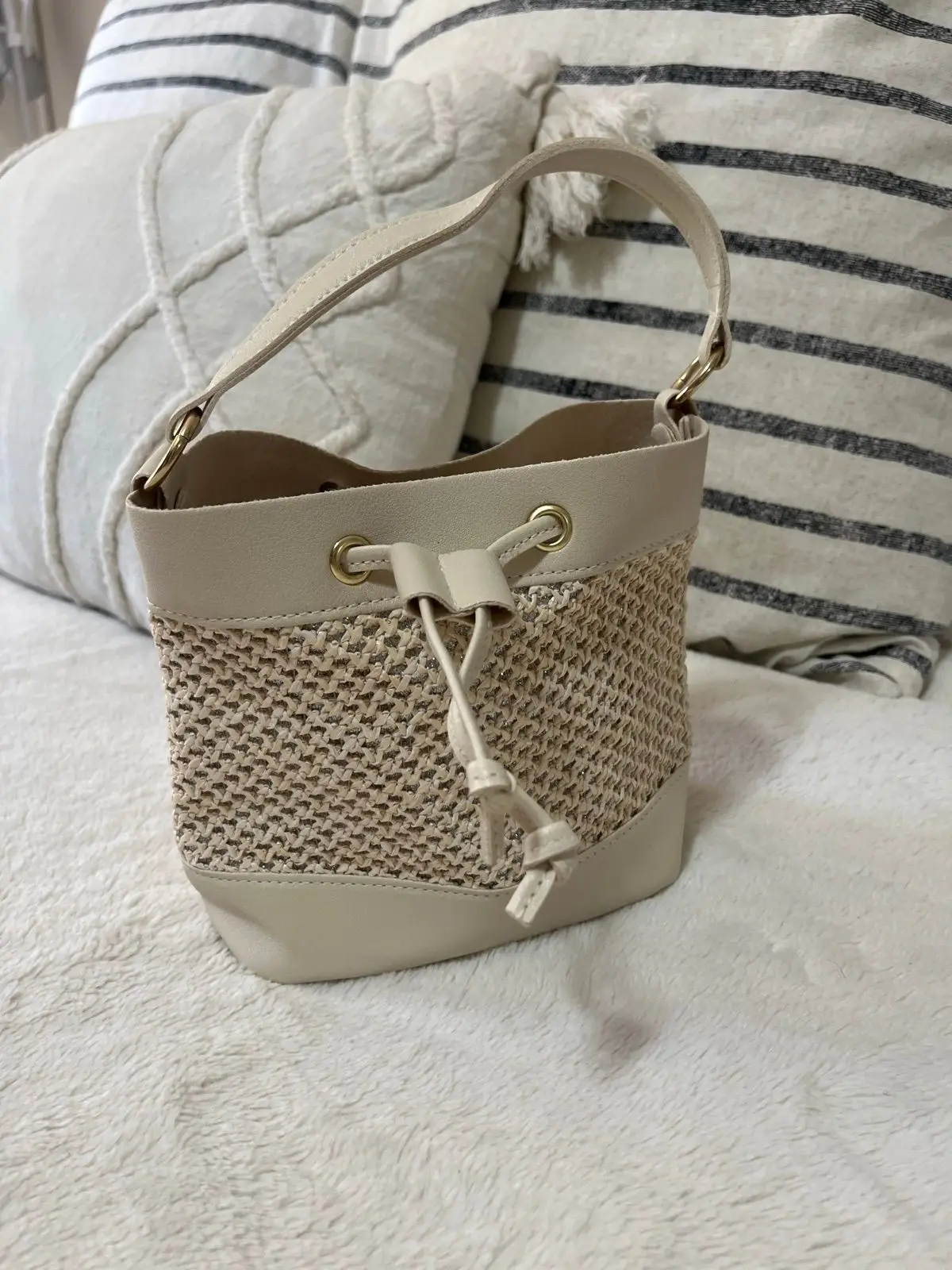 Cream Woven Bucket Bag