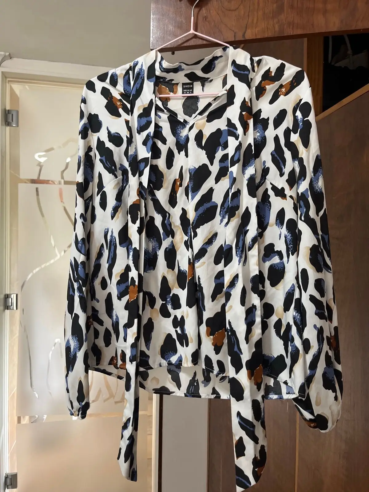 Shein Abstract Animal Print Tie-Neck Blouse