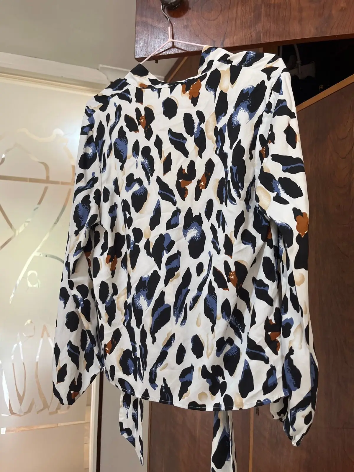 Shein Abstract Animal Print Tie-Neck Blouse