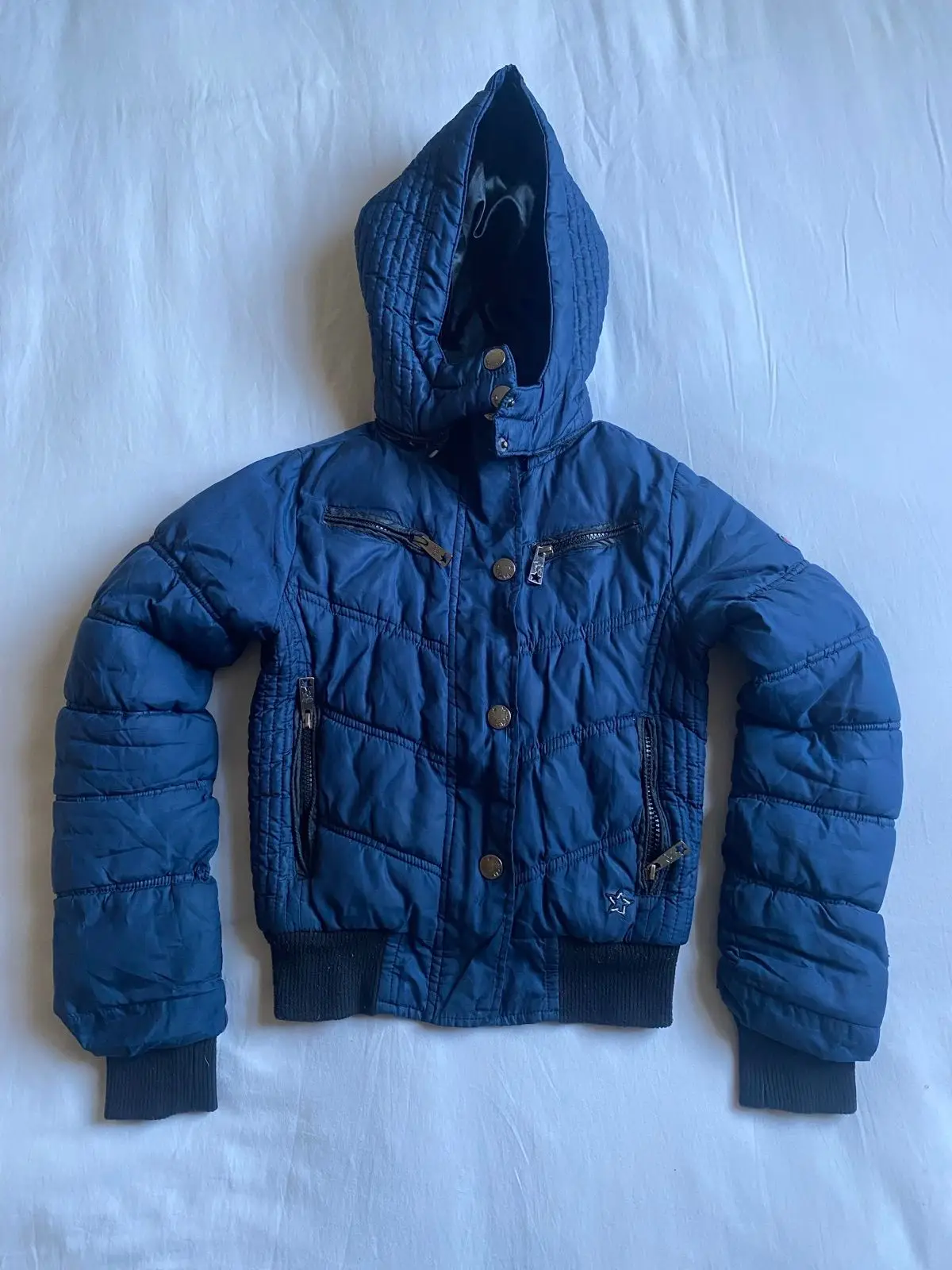 Blue Quilted Puffer Jacket with Hood