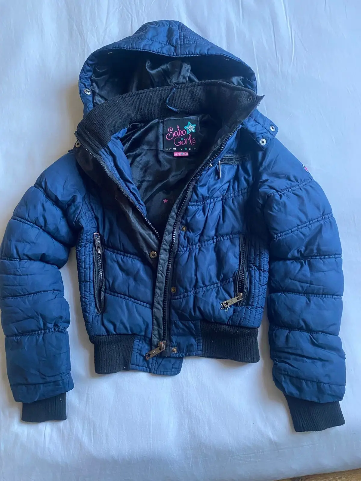 Blue Quilted Puffer Jacket with Hood