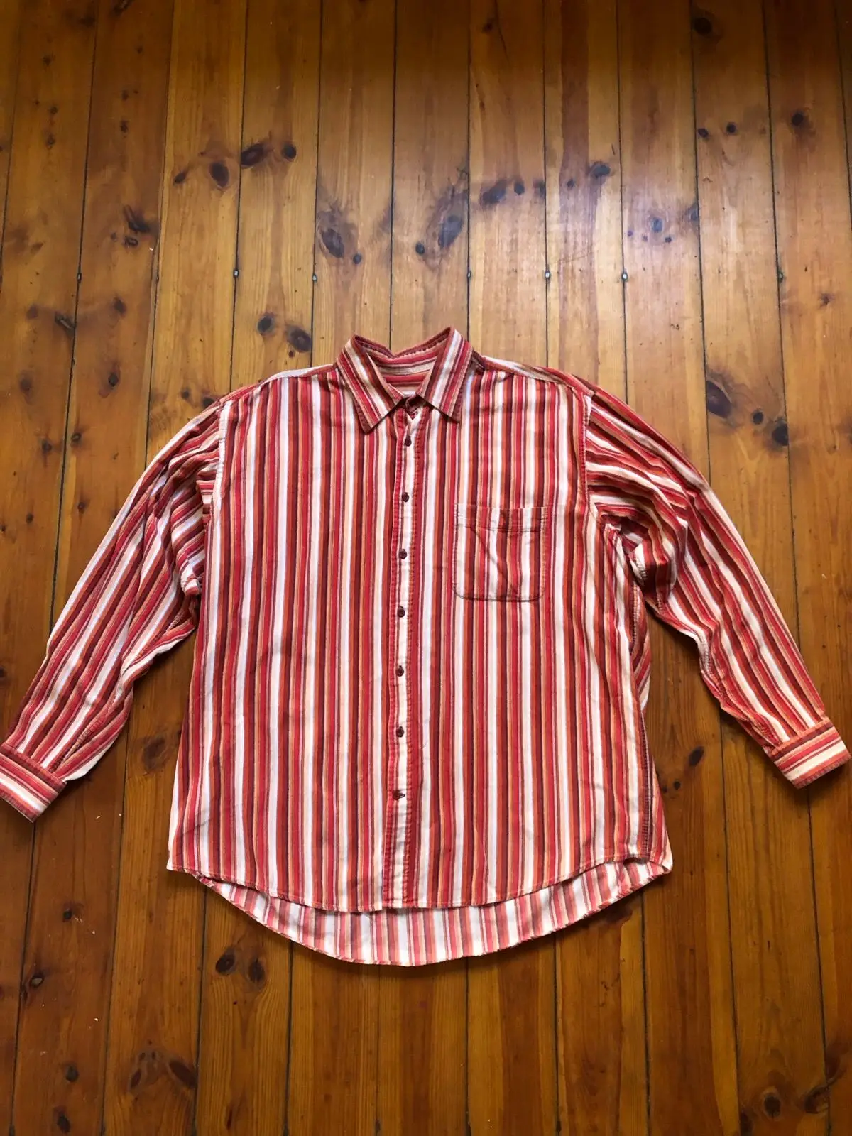 Vintage Red Striped Long-Sleeve Button-Up Shirt