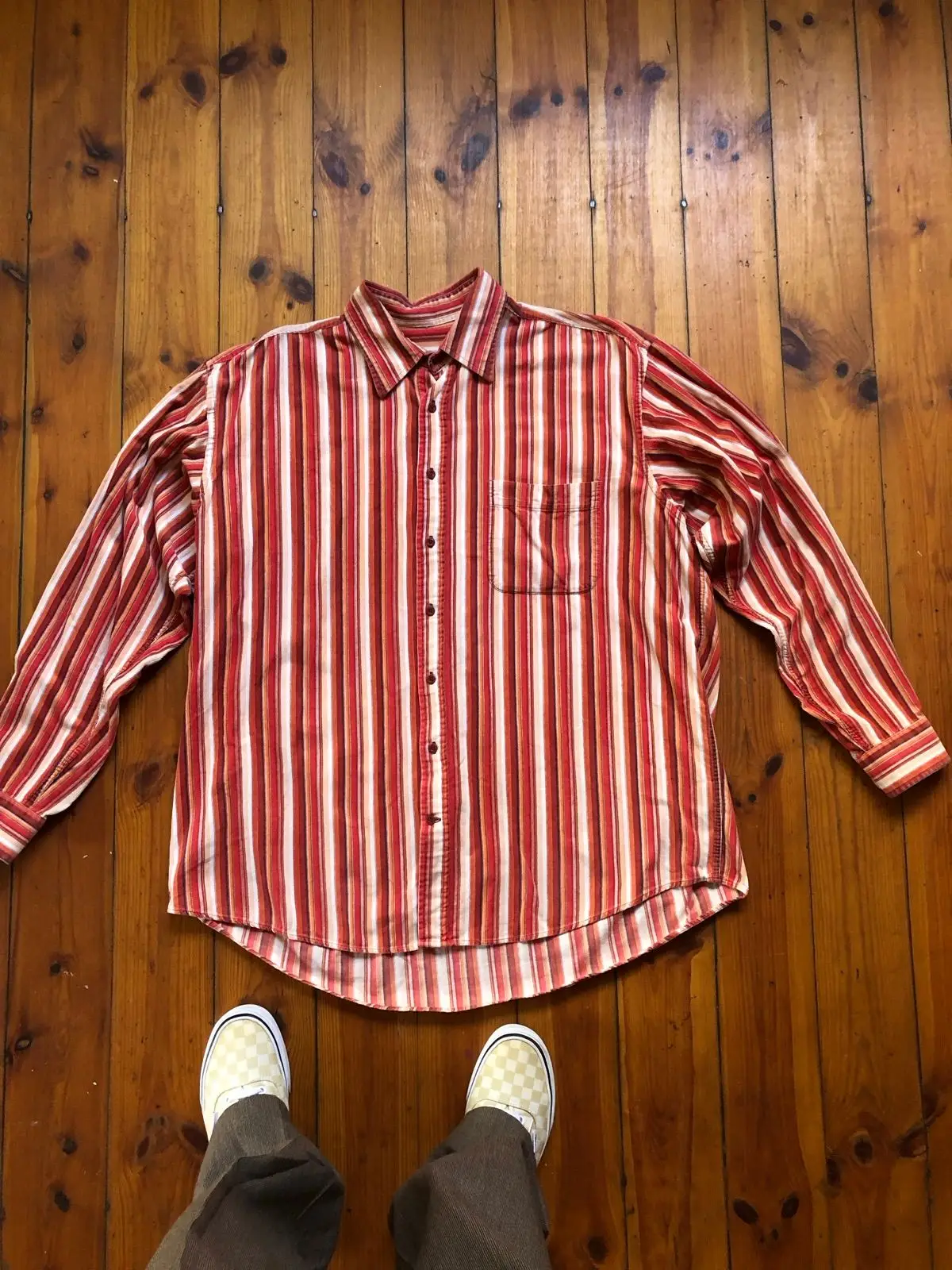 Vintage Red Striped Long-Sleeve Button-Up Shirt