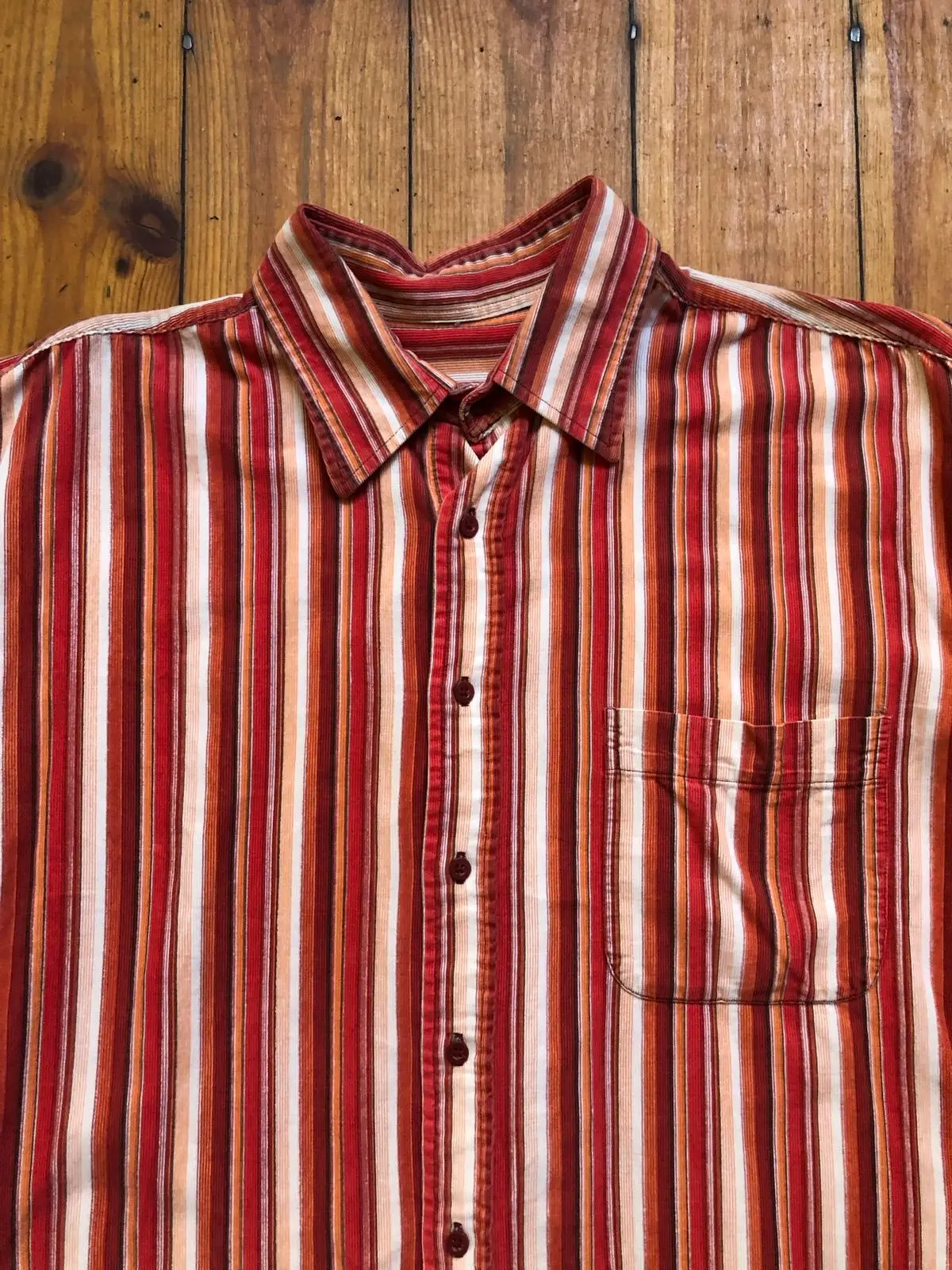 Vintage Red Striped Long-Sleeve Button-Up Shirt