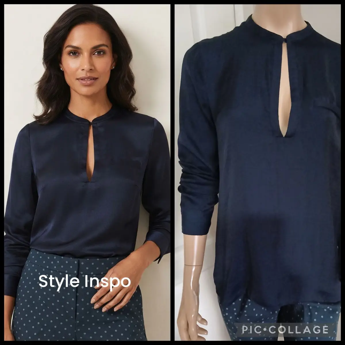 Zara Navy Satin Keyhole Blouse