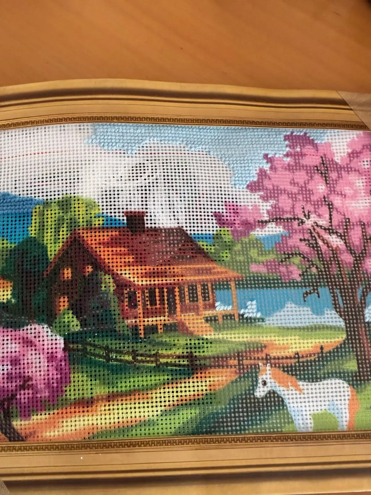 Framed Rustic Landscape Needlepoint Tapestry