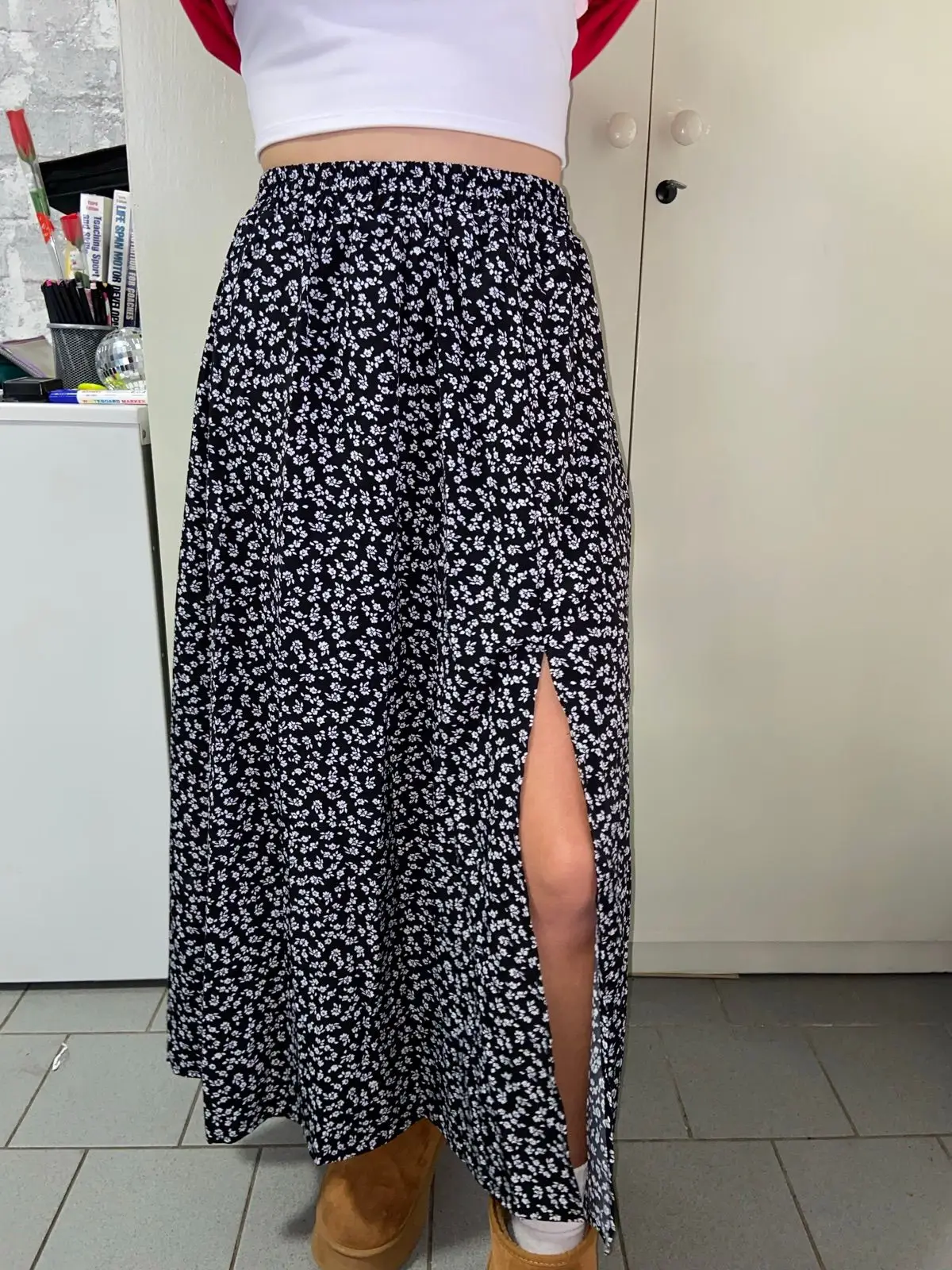 Shein Black and White Floral Print Skirt