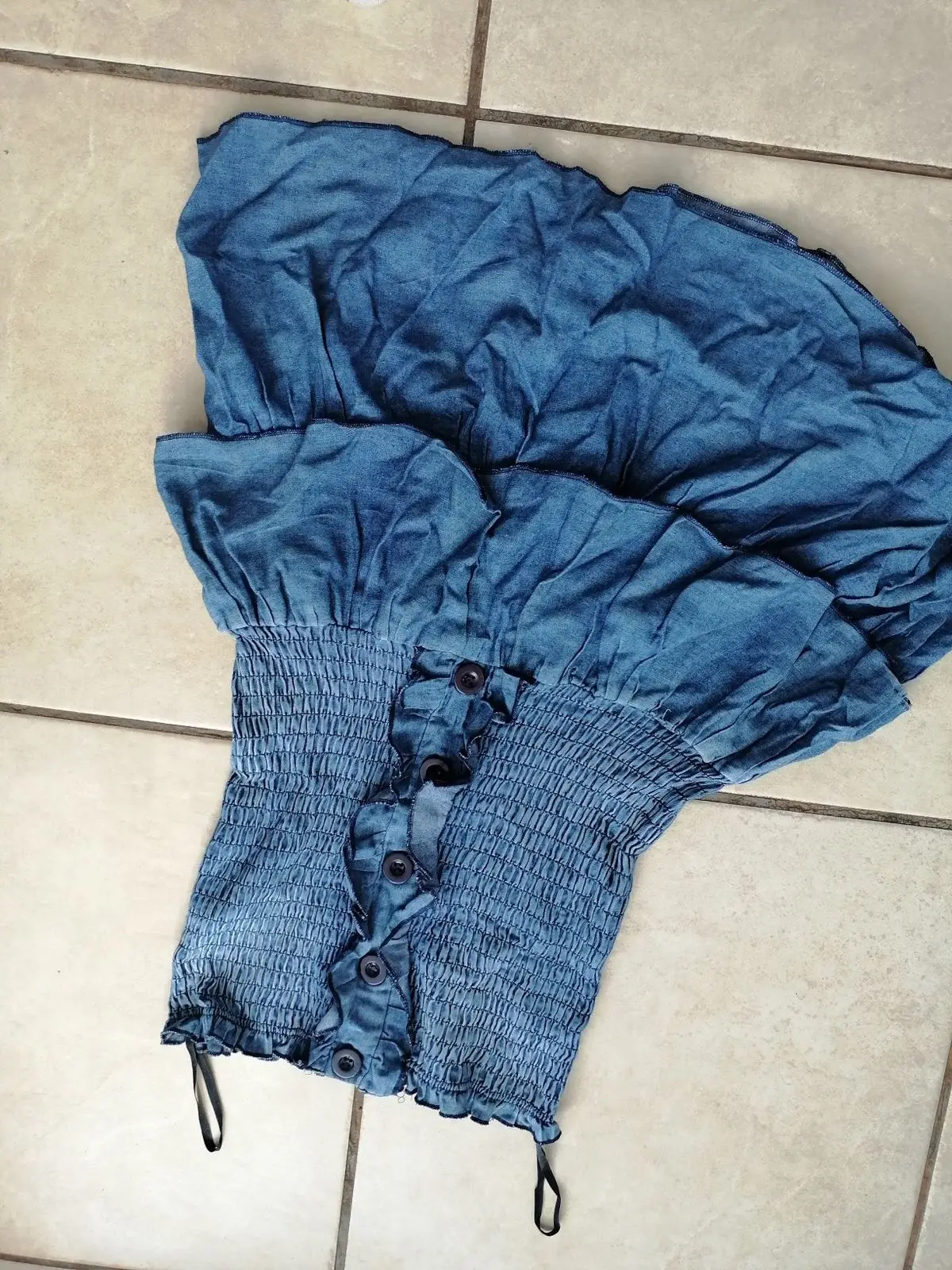Blue Denim Look Ruffled Smocked Top