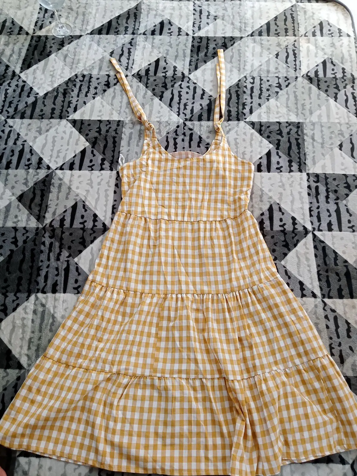 Yellow and White Gingham Tiered Dress