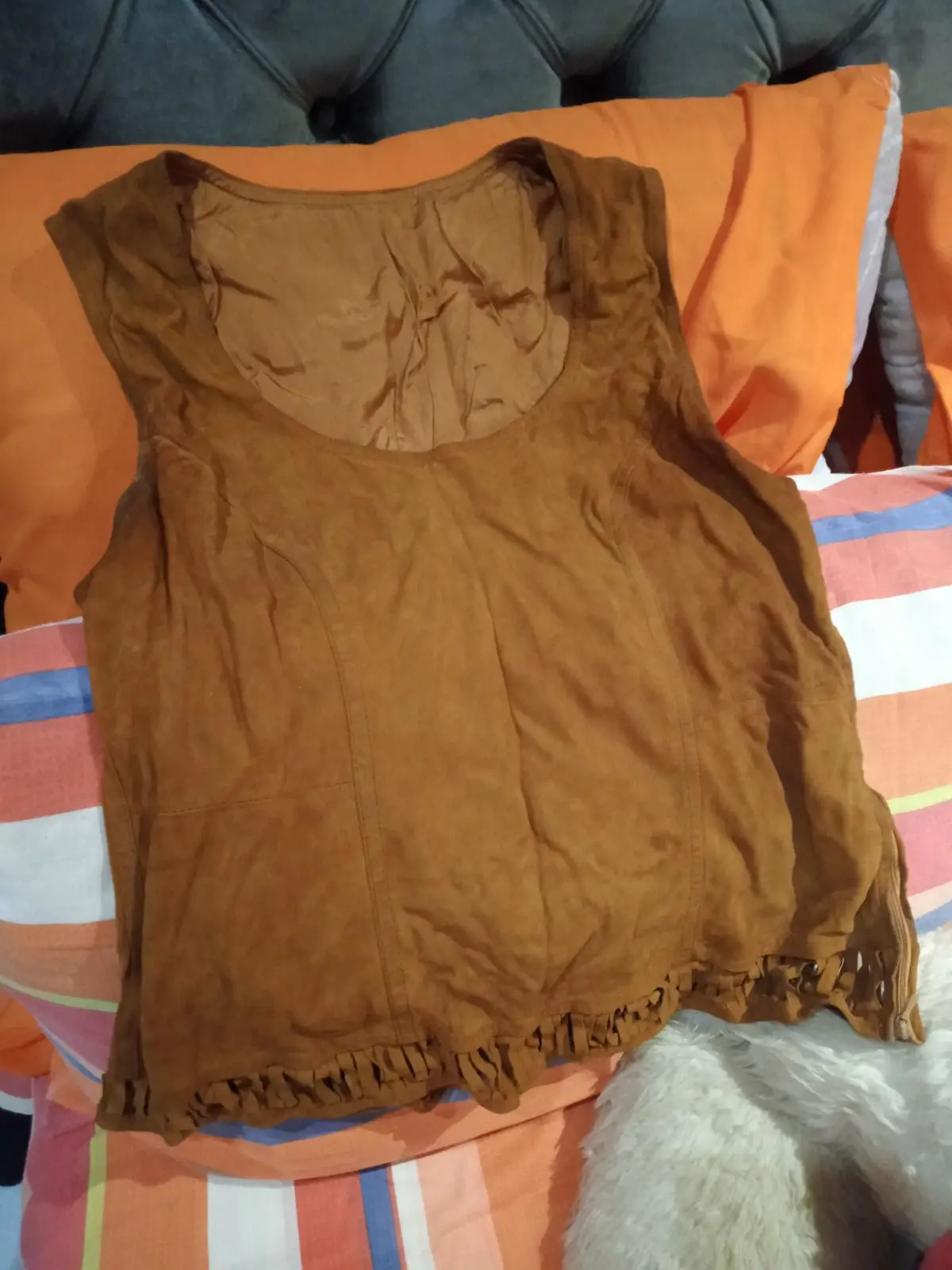Brown Faux Suede Fringe Hem Top