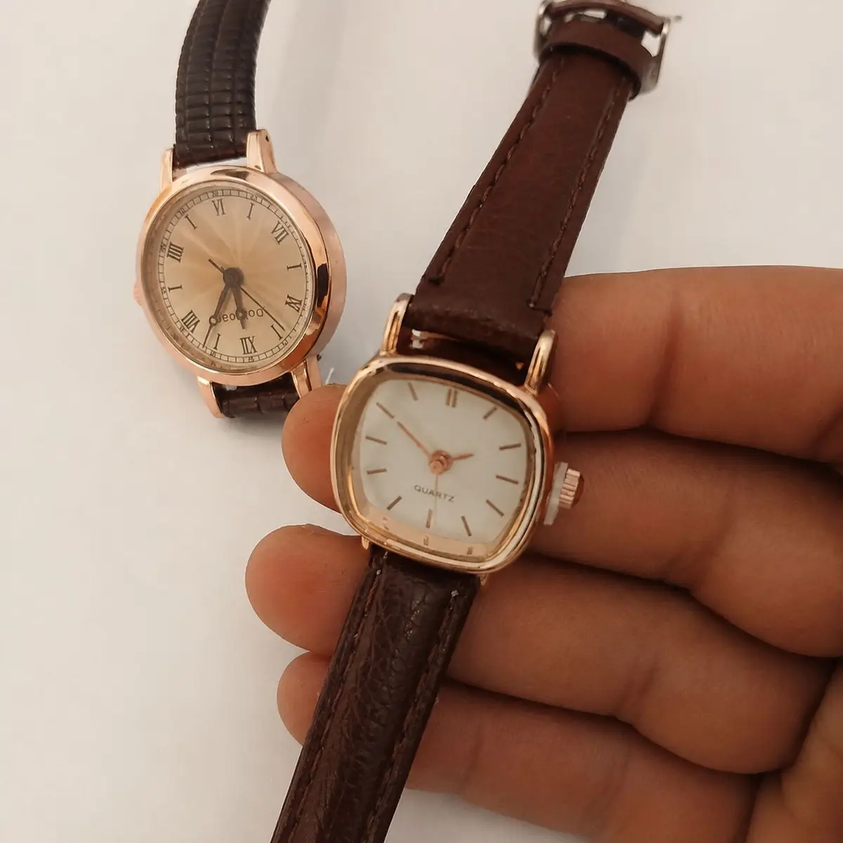 Square Face Watch with Brown Leather Strap