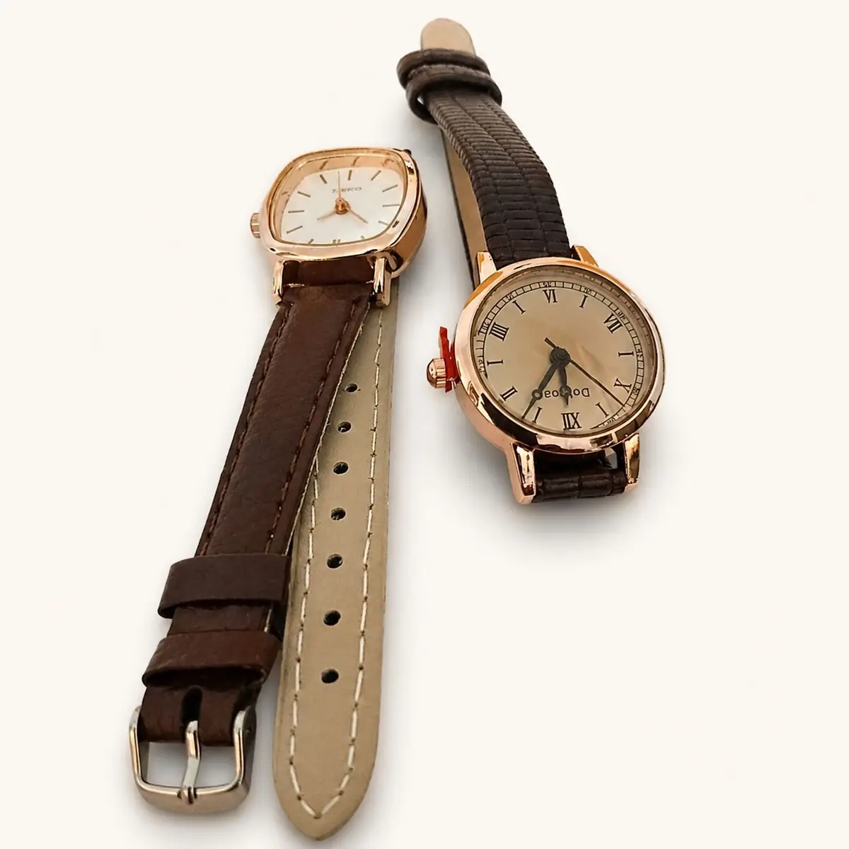 Square Face Watch with Brown Leather Strap