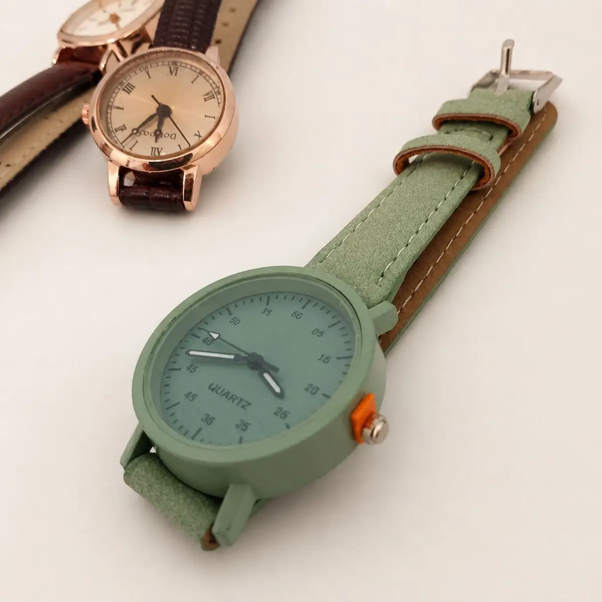 Green Quartz Watch with Suede Strap