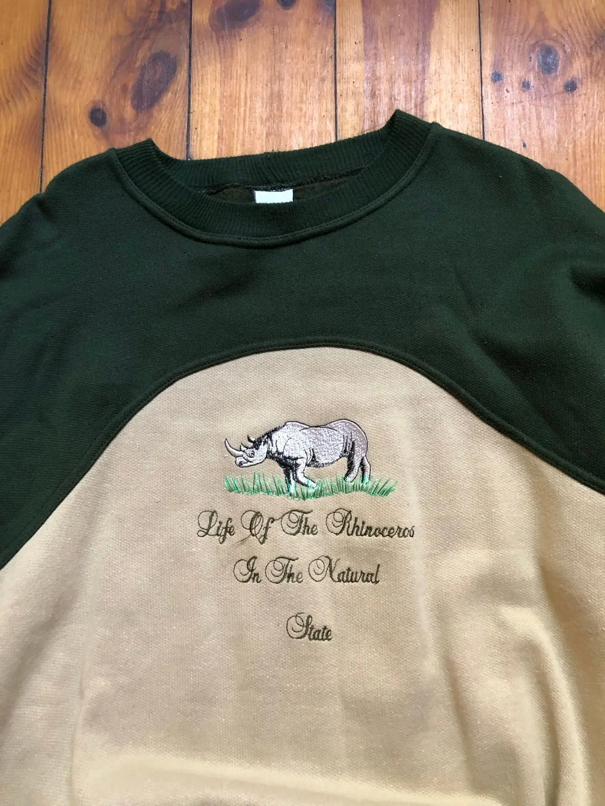 Rhino Embroidered Green and Beige Sweatshirt