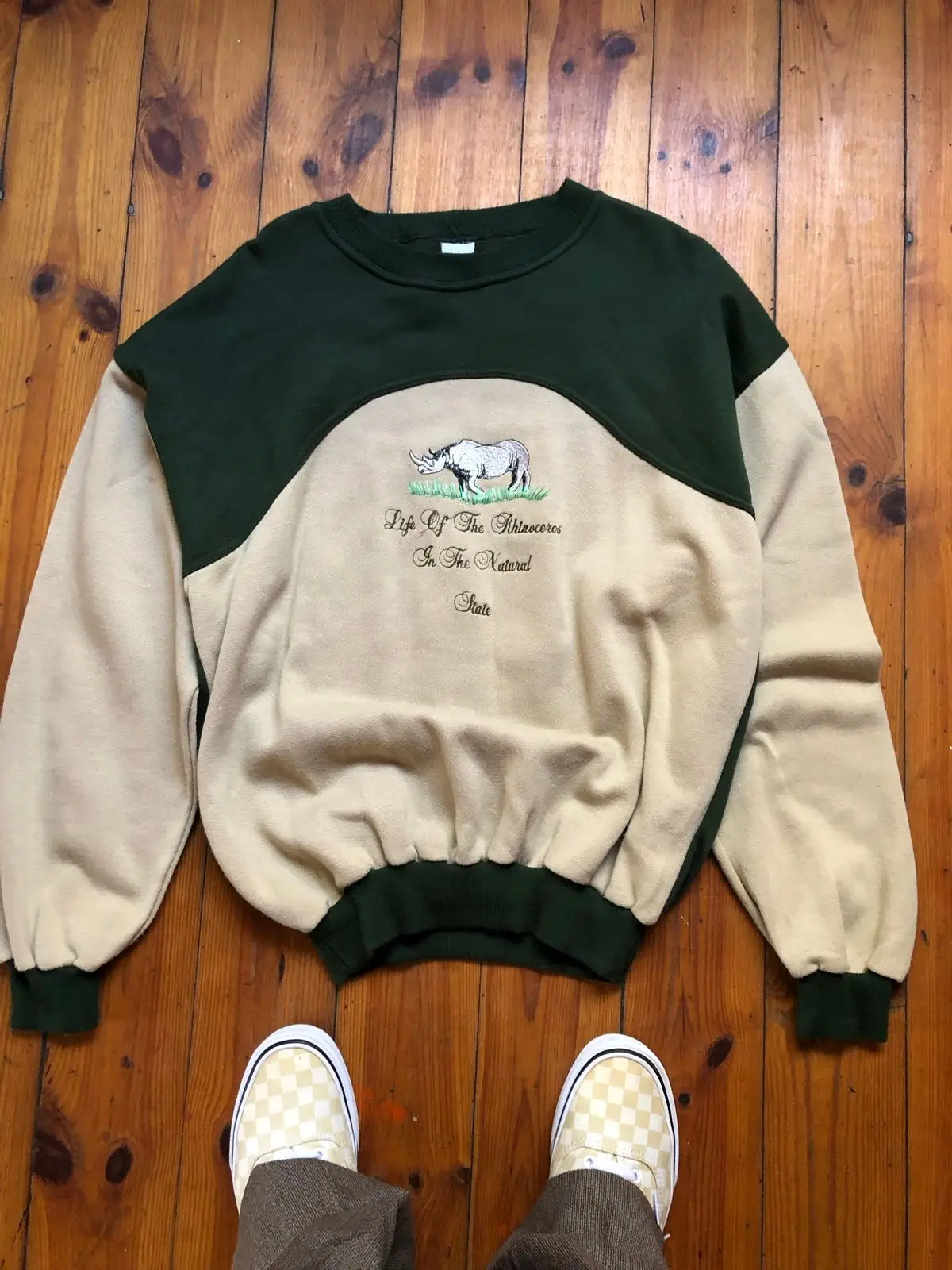 Rhino Embroidered Green and Beige Sweatshirt
