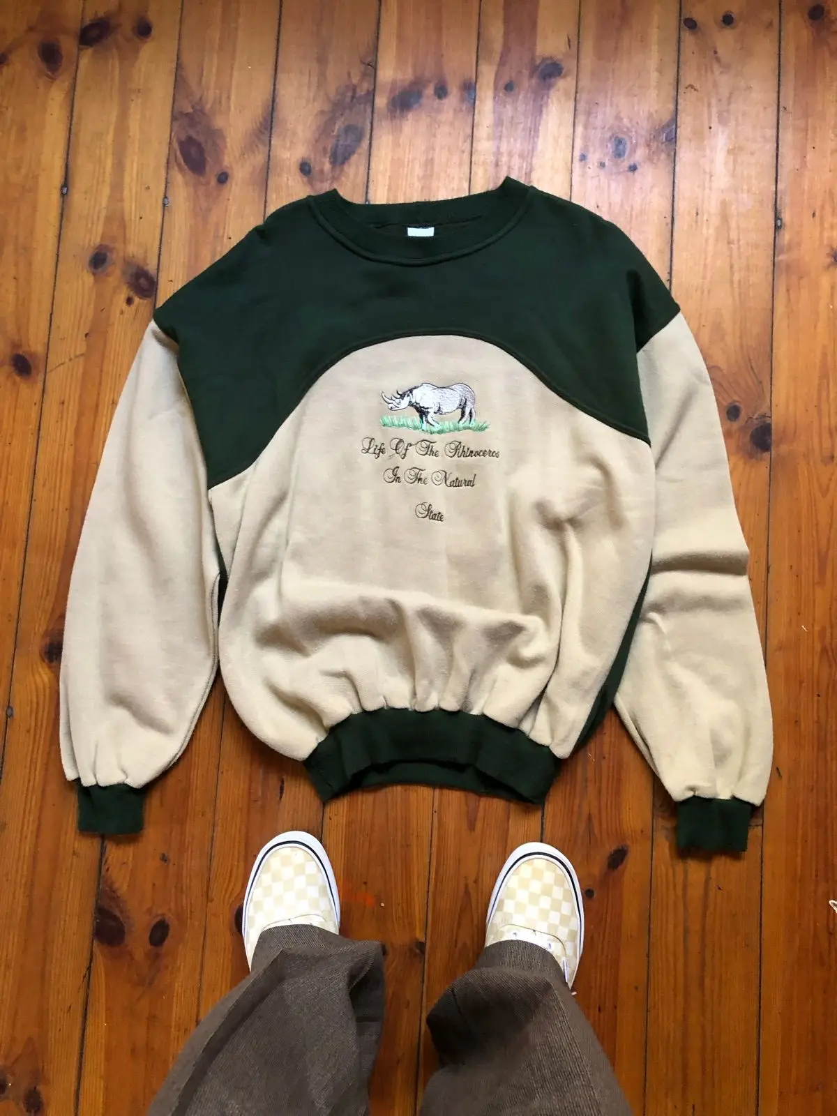 Rhino Embroidered Green and Beige Sweatshirt