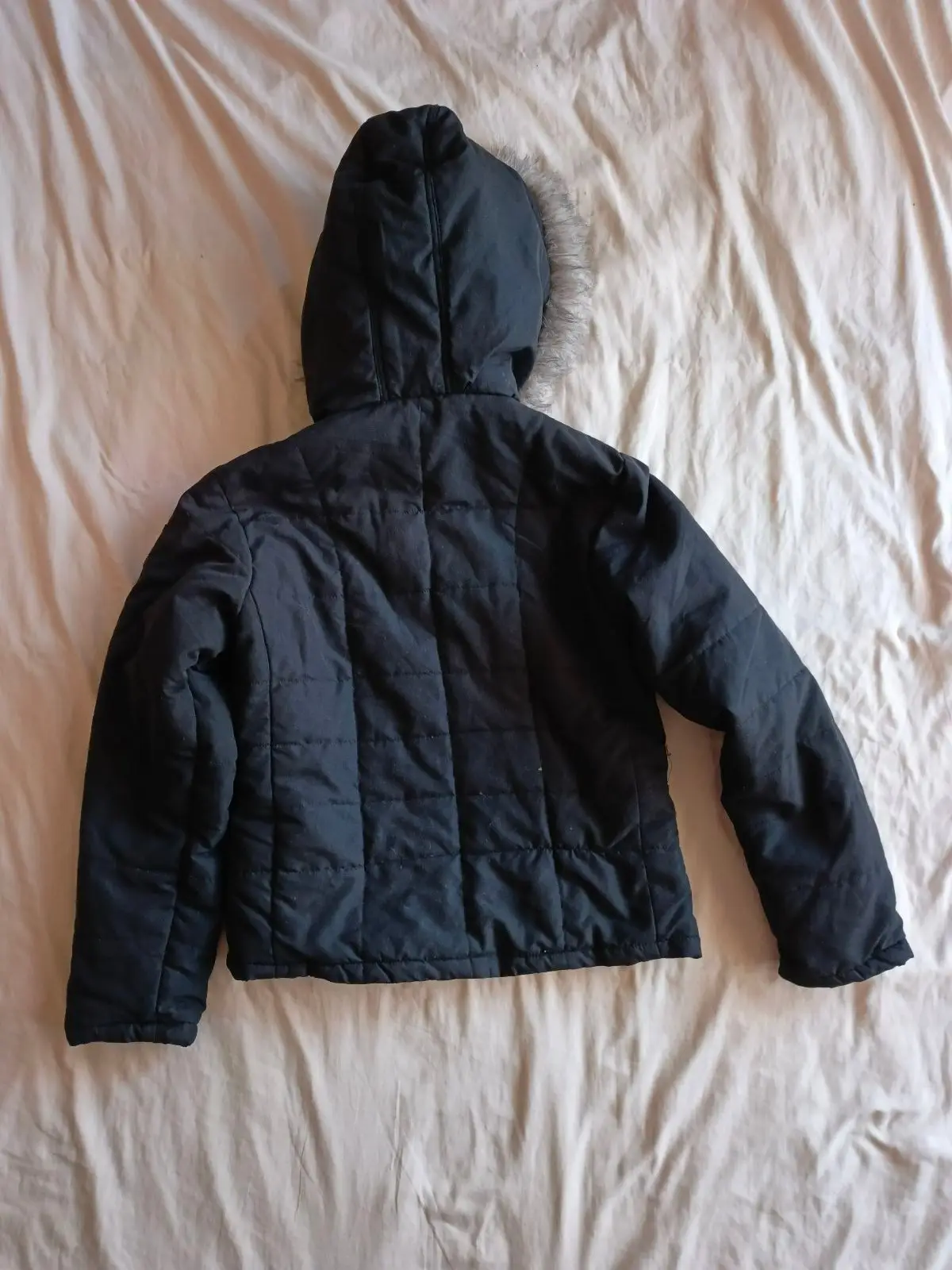 Black Quilted Puffer Jacket with Fur Hood