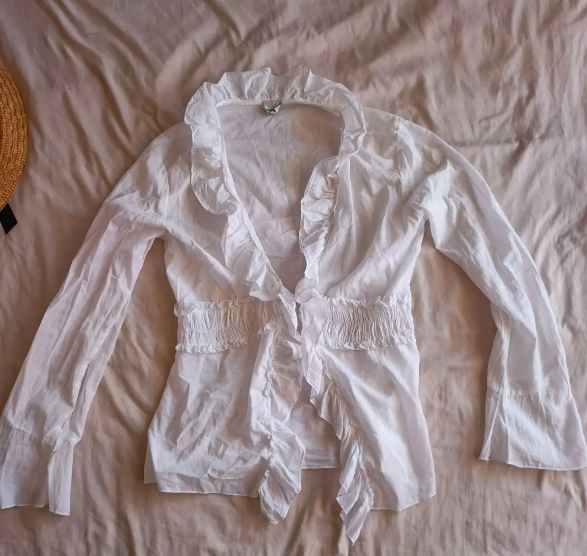 White Cotton Blouse with Ruffled Neckline
