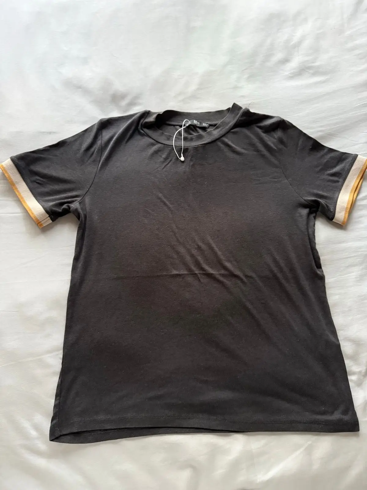 Zara Black T-Shirt with Striped Cuffs Size L