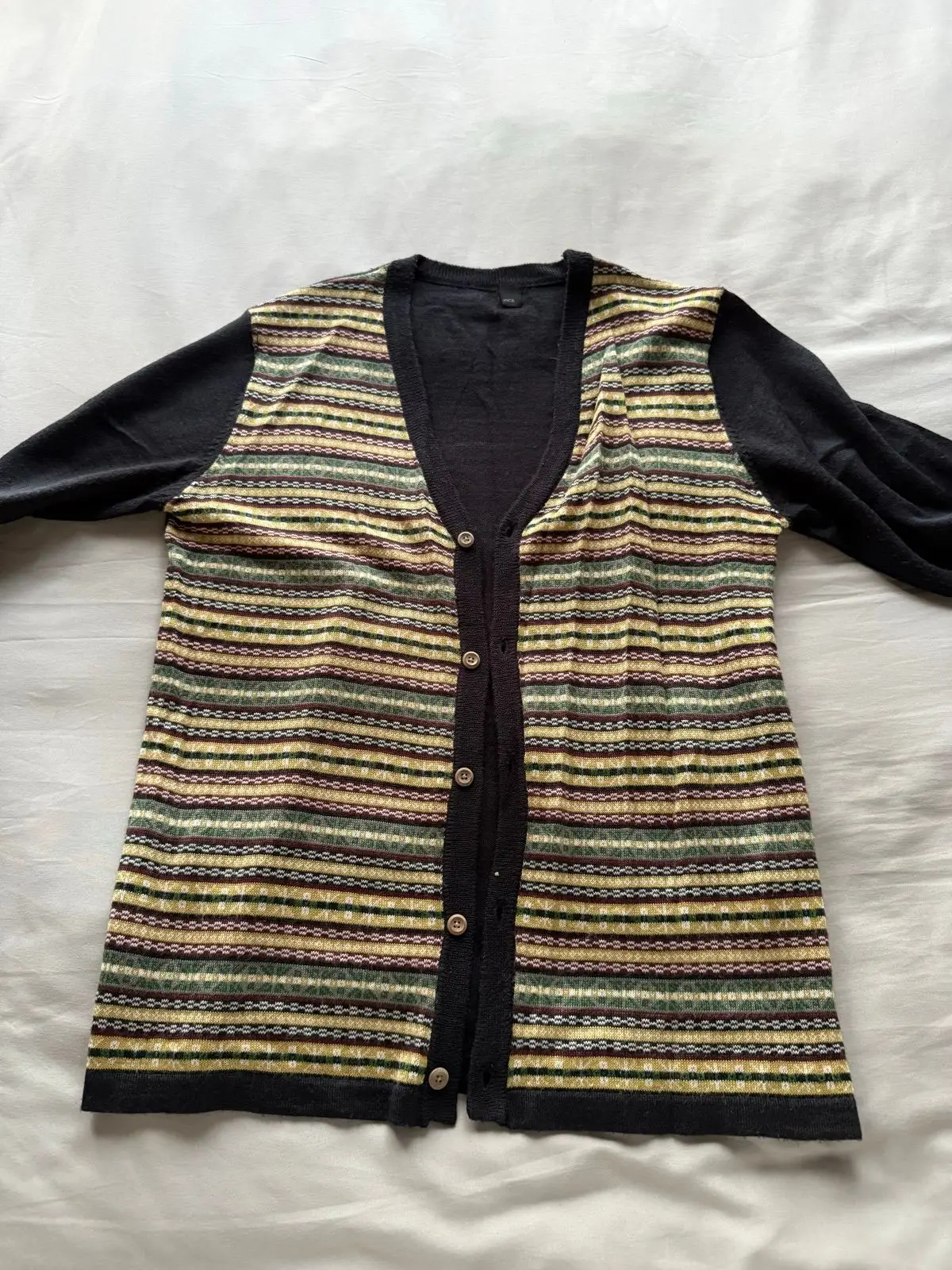 Black Cardigan with Striped Knit Front Panel