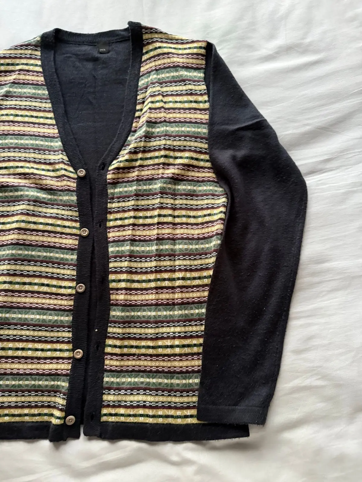 Black Cardigan with Striped Knit Front Panel