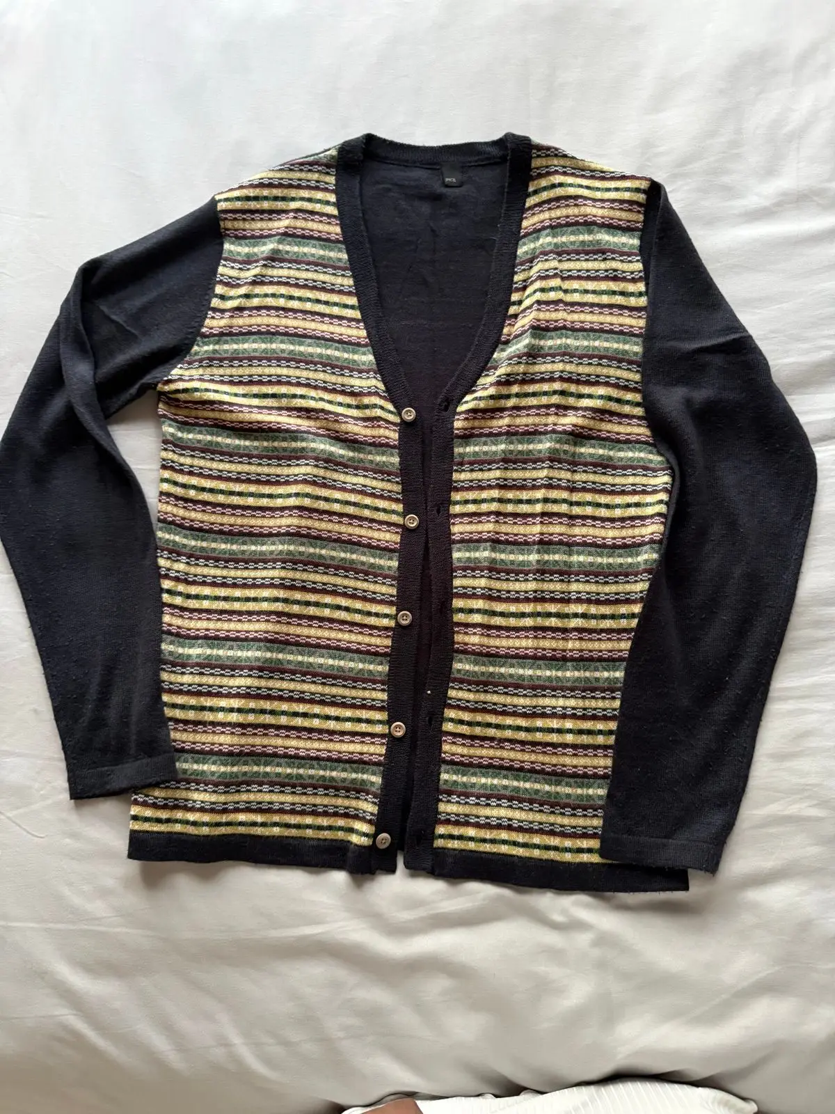 Black Cardigan with Striped Knit Front Panel