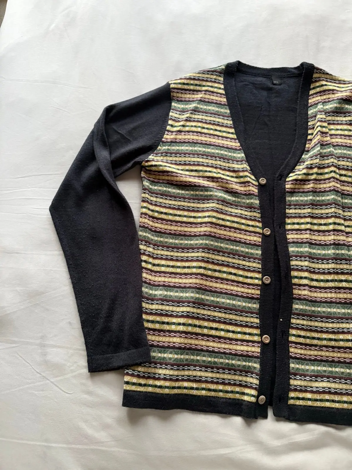 Black Cardigan with Striped Knit Front Panel