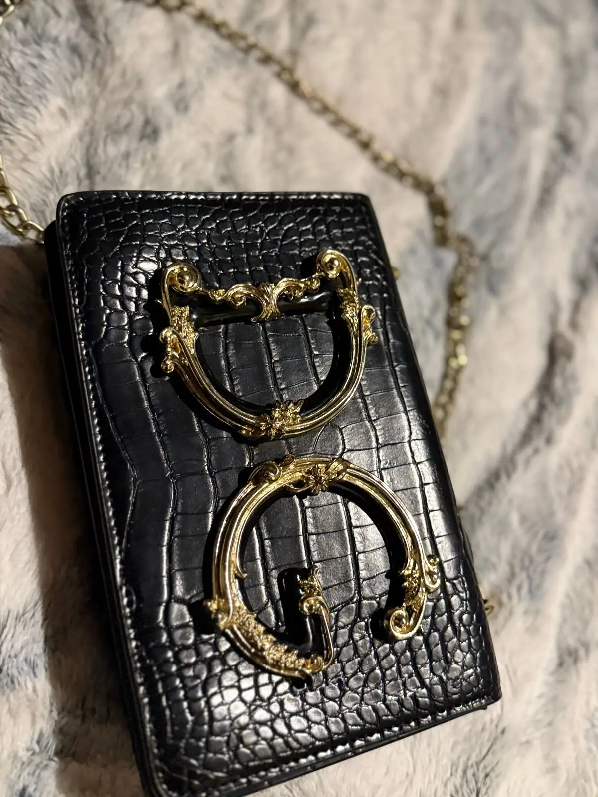 Black Crocodile-Embossed Leather Wallet with Gold Handles