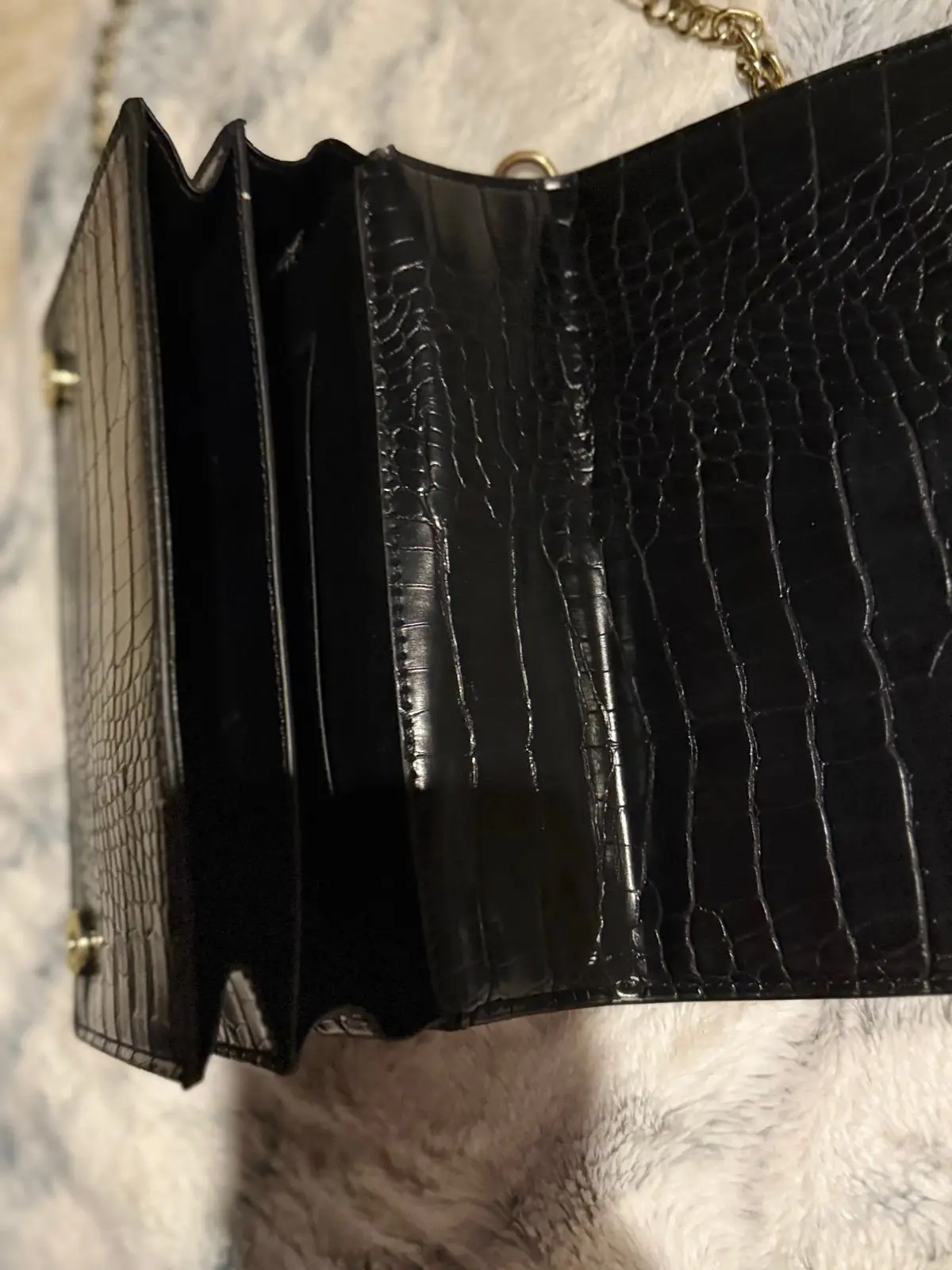 Black Crocodile-Embossed Leather Wallet with Gold Handles