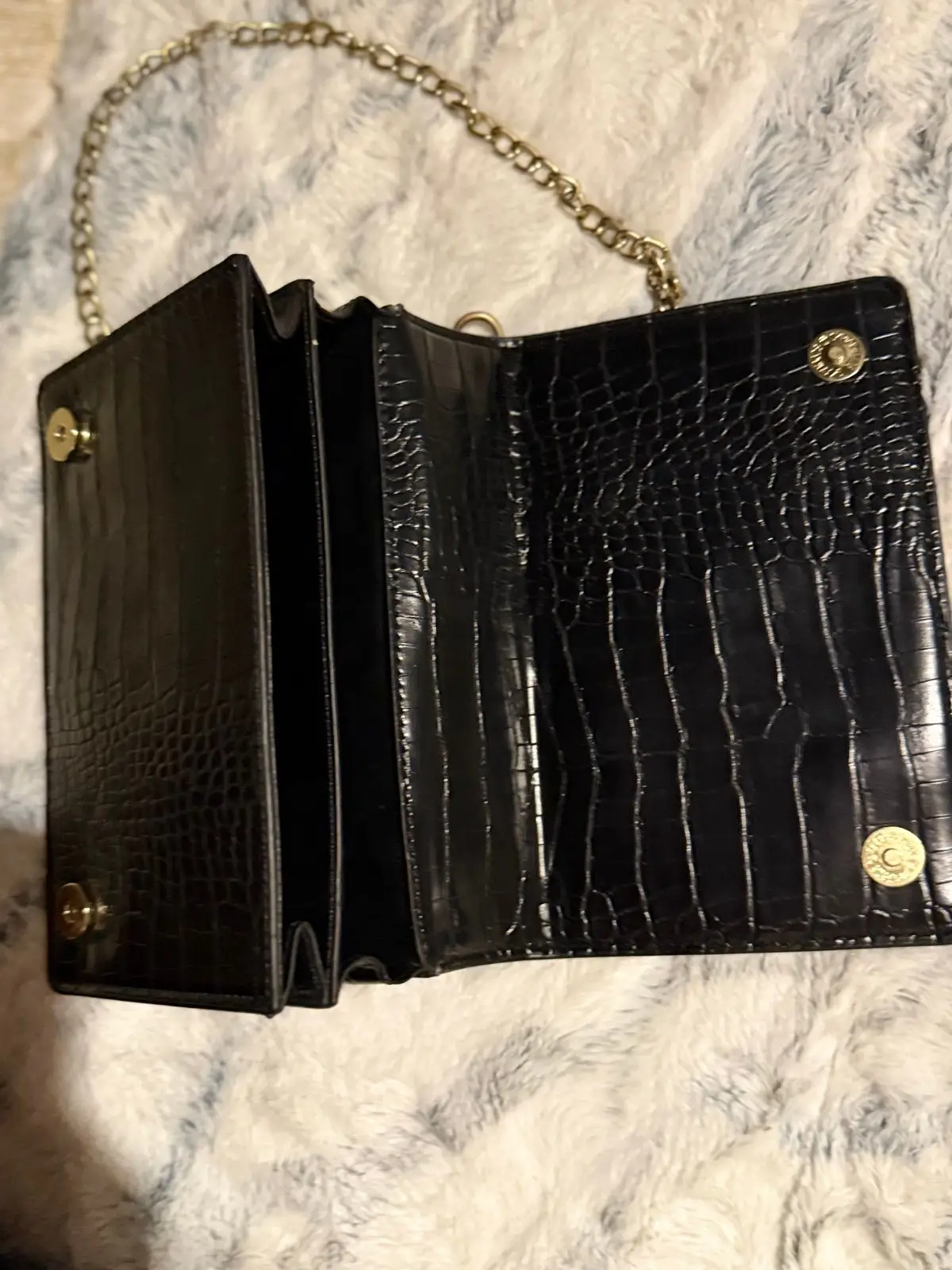 Black Crocodile-Embossed Leather Wallet with Gold Handles