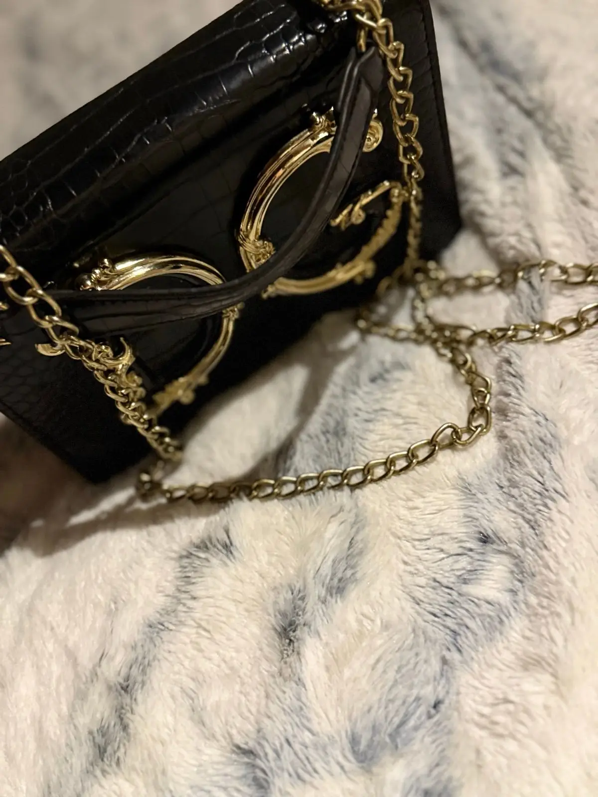 Black Crocodile-Embossed Leather Wallet with Gold Handles